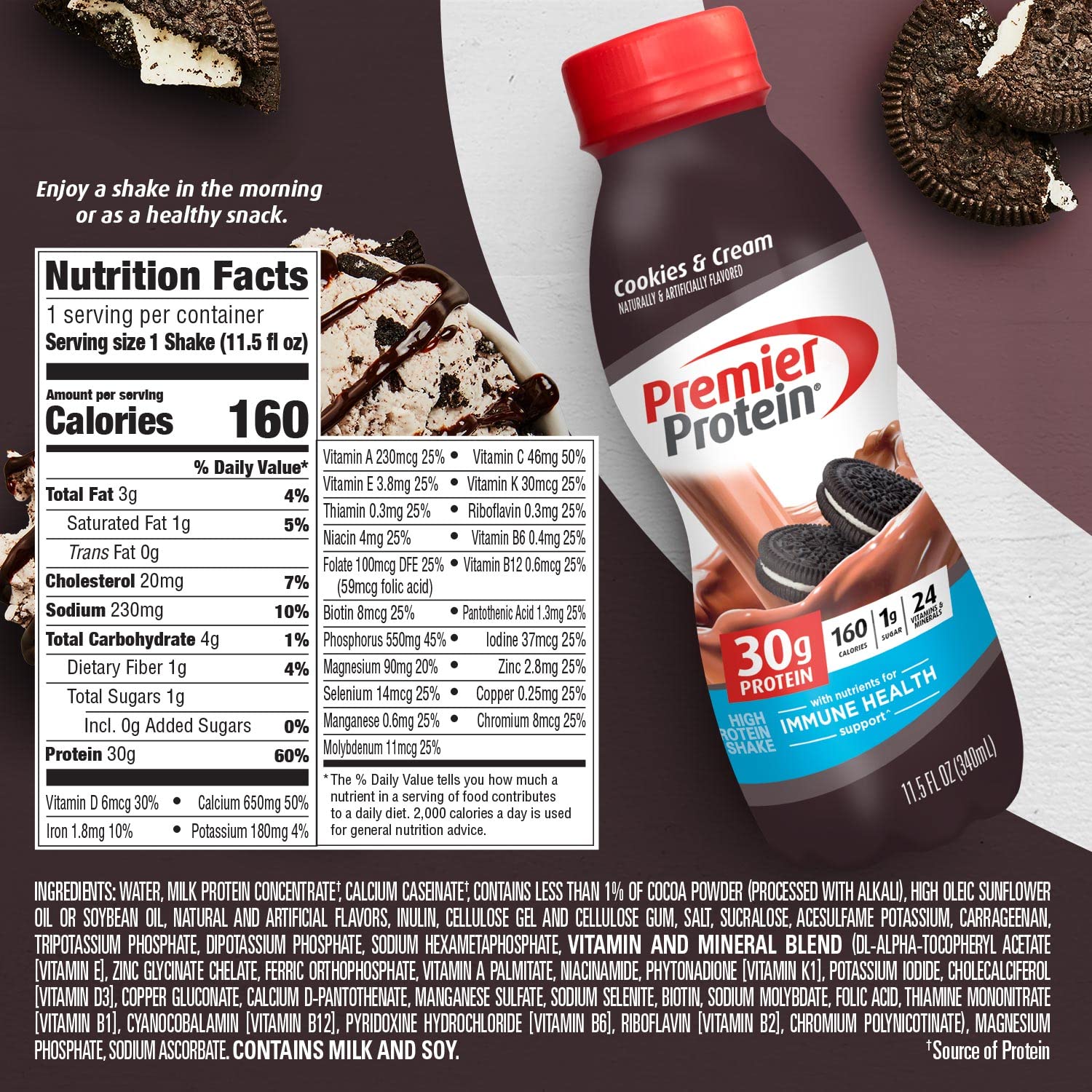 Premier Protein Shake, Cookies & Cream, 30g Protein, 1g Sugar, 24 Vitamins & Minerals Premier ProteinUS supplements