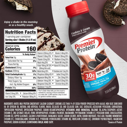 Premier Protein Shake, Cookies & Cream, 30g Protein, 1g Sugar, 24 Vitamins & Minerals Premier ProteinUS supplements