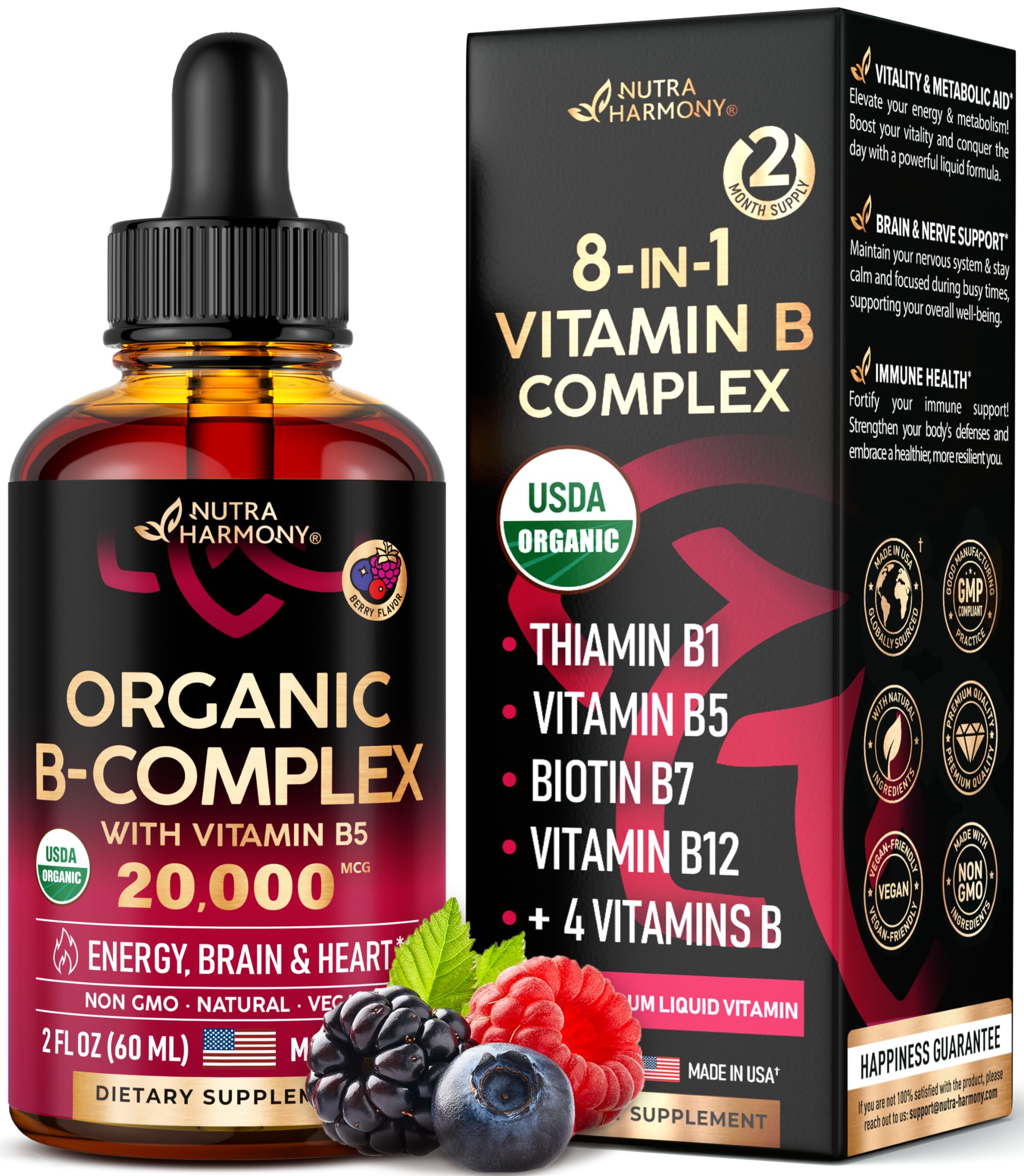 USDA Organic Vitamin B Complex Liquid Drops - 8-in-1 B Complex Vitamins: B1, B2, B3, B5 NUTRAHARMONYAu supplements