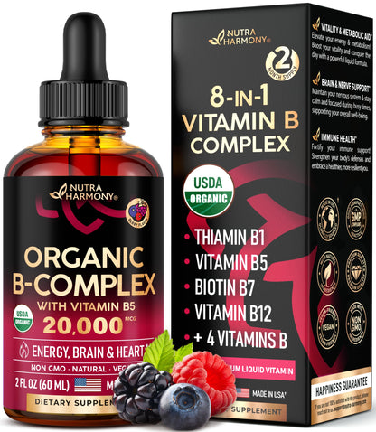 USDA Organic Vitamin B Complex Liquid Drops - 8-in-1 B Complex Vitamins: B1, B2, B3, B5 NUTRAHARMONYUS supplements