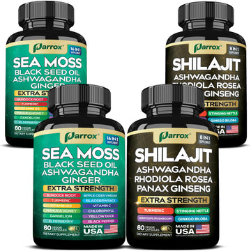 Parrox Shilajit and Sea Moss Bundle, Sea Moss 350mg, Black Seed Oil 200mg, Ashwagandha 100mg, Turmeric, Shilajit 300mg, Rhodiola Rosea 100mg, Panax Ginseng 50mg, Dynamic Vitality Bundle (2 Pack) ParroxAu supplements