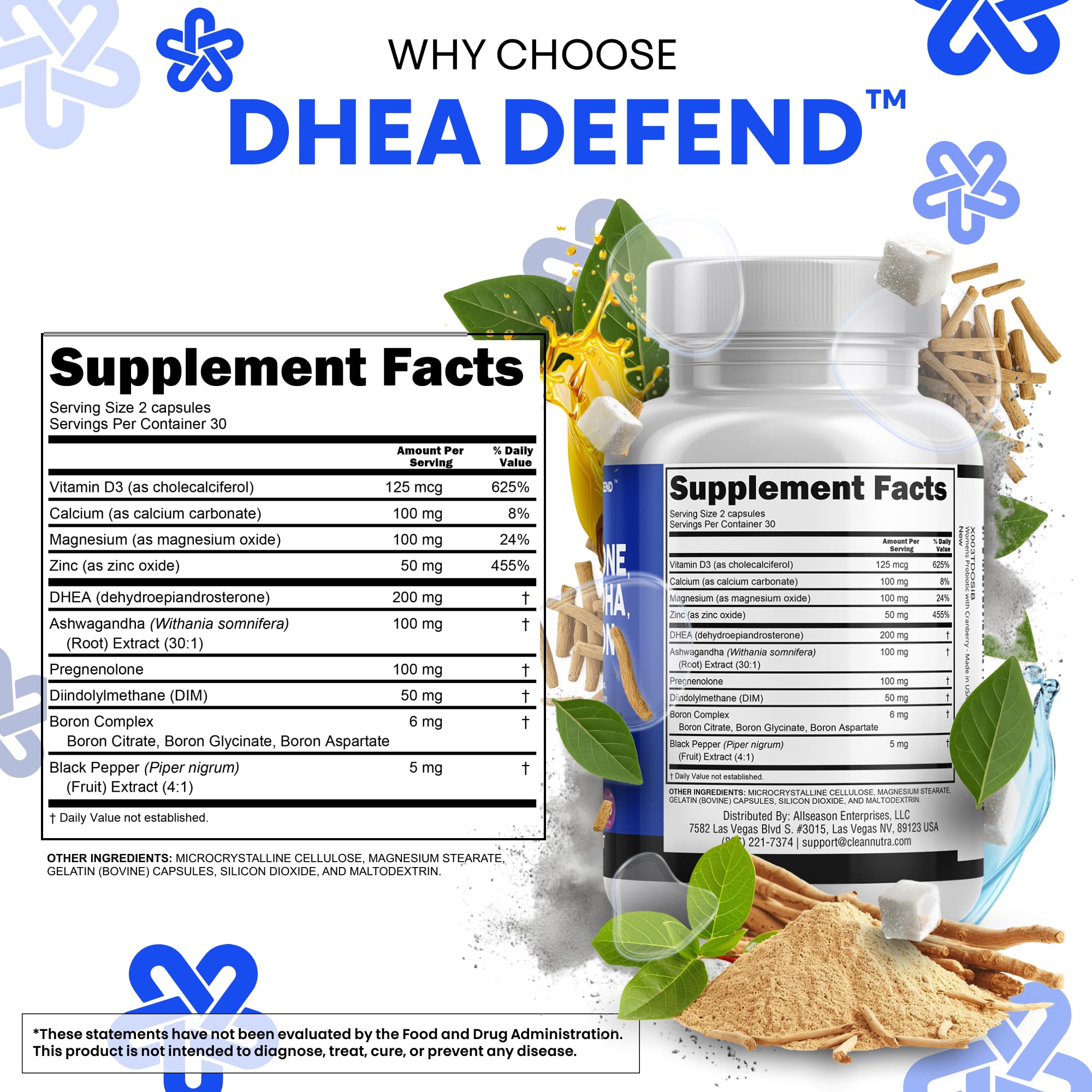 DHEA 200mg Supplement Pregnenolone 100mg for Men & Women with DIM Ashwagandha Boron 6mg Complex Calcium Magnesium Zinc 50mg Vitamin D3 5000 iu Hormone Support Capsules Pills - Made in USA 60 Ct Clean NutraceuticalsAu supplements