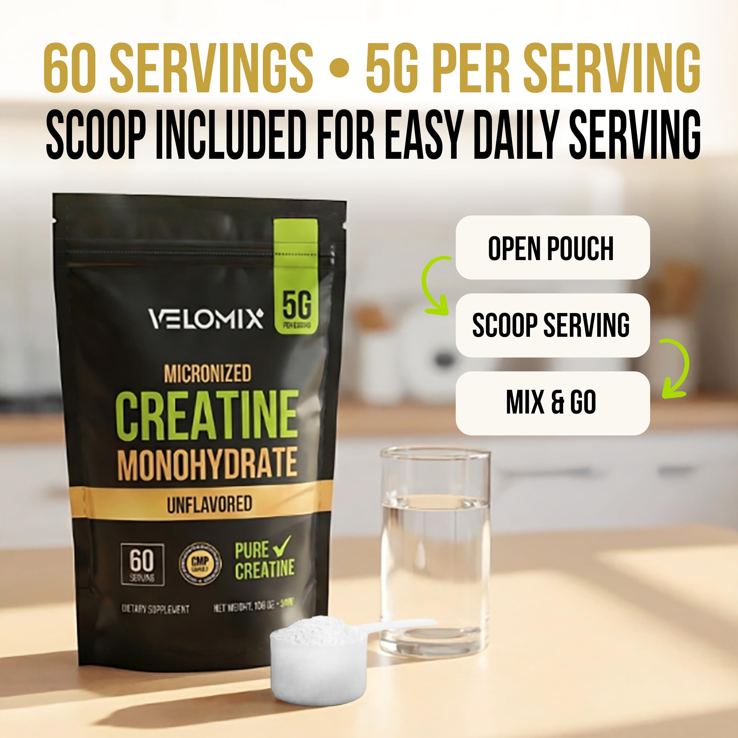 VELOMIX Micronized Creatine Monohydrate Powder - 100% Pure Creatine Powder Unflavored and Easy to Mix | Supports Muscle Growth, Recovery, and Strength | 5000mg Per Serv (5g) - 60 Servings VELOMIXAu supplements