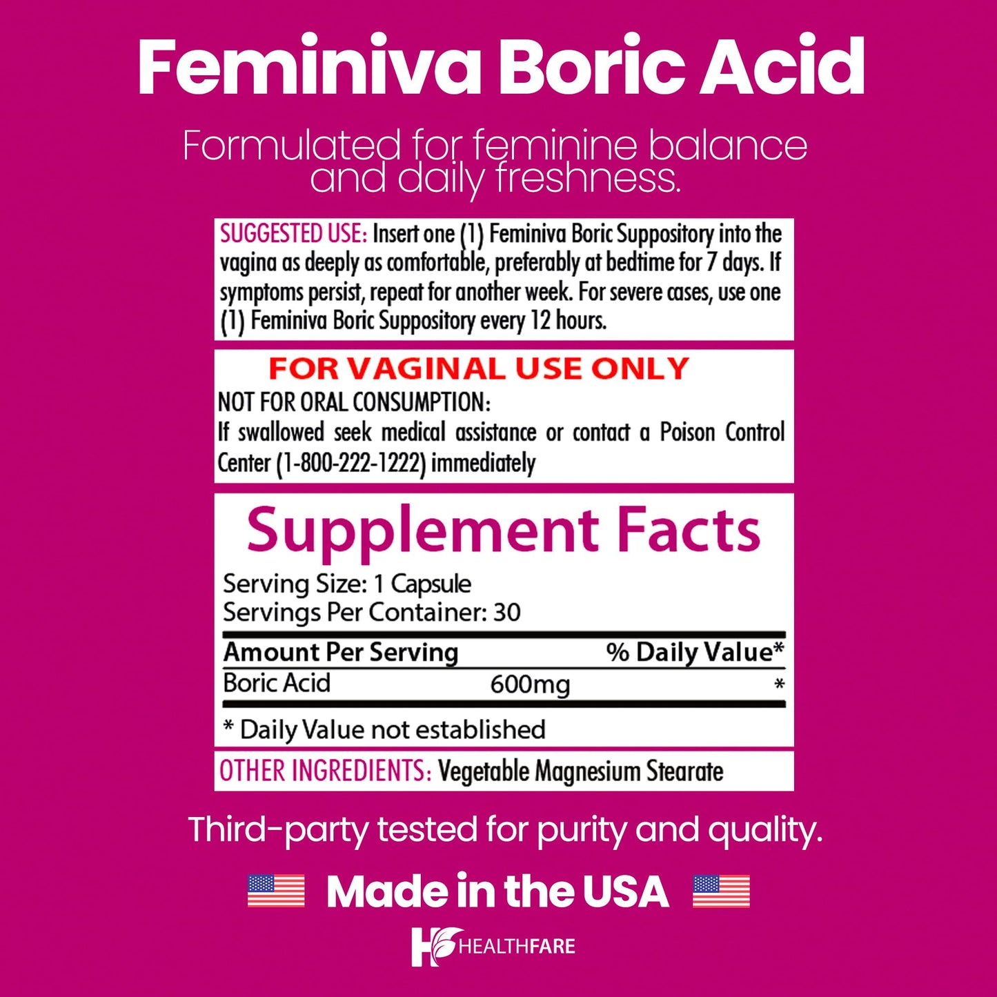 Healthfare Feminiva Boric Acid Suppositories | 2-Pack | 30 Vaginal Suppositories Each | 600mg | 100% Pure | Made in The USA HealthfareUS supplements