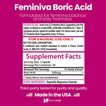 Healthfare Feminiva Boric Acid Suppositories | 2-Pack | 30 Vaginal Suppositories Each | 600mg | 100% Pure | Made in The USA HealthfareUS supplements
