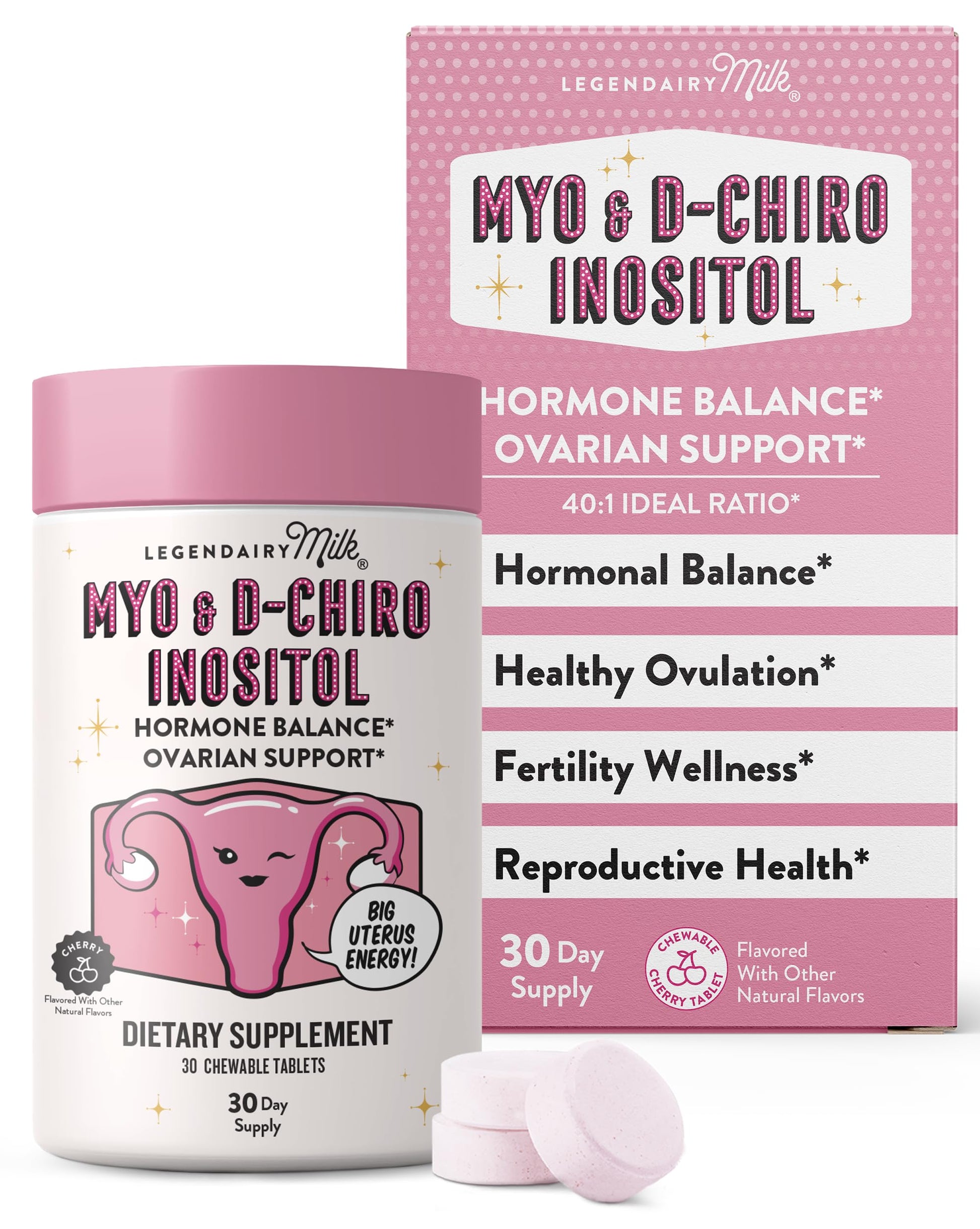 Legendairy Milk Myo-Inositol & D-Chiro Inositol Supplement for Women, 40:1 Ratio, PCOS & Fertility Support, Hormone Balance, Sugar Free Vegan Chewable Tablets, Cherry Flavor, 30 Day Supply Legendairy MilkAu supplements