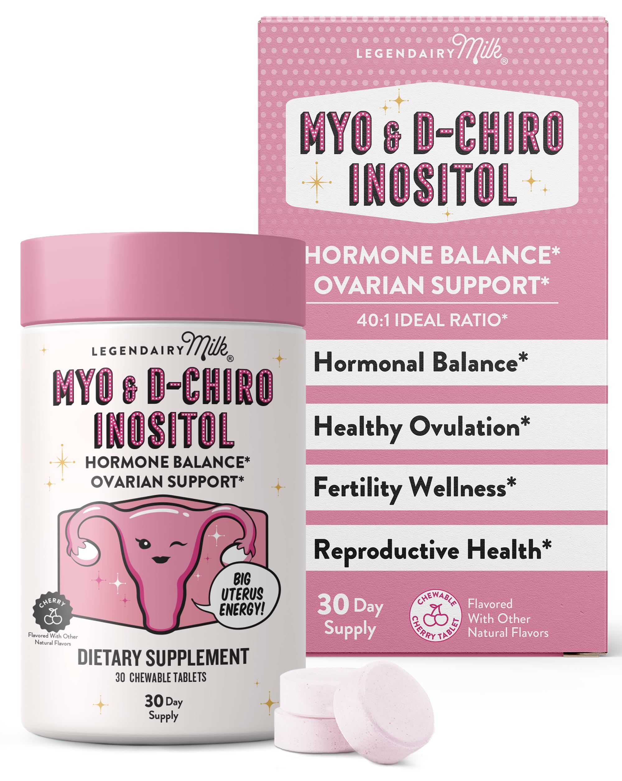 Legendairy Milk Myo-Inositol & D-Chiro Inositol Supplement for Women, 40:1 Ratio, PCOS & Fertility Support, Hormone Balance, Sugar Free Vegan Chewable Tablets, Cherry Flavor, 30 Day Supply Legendairy MilkAu supplements