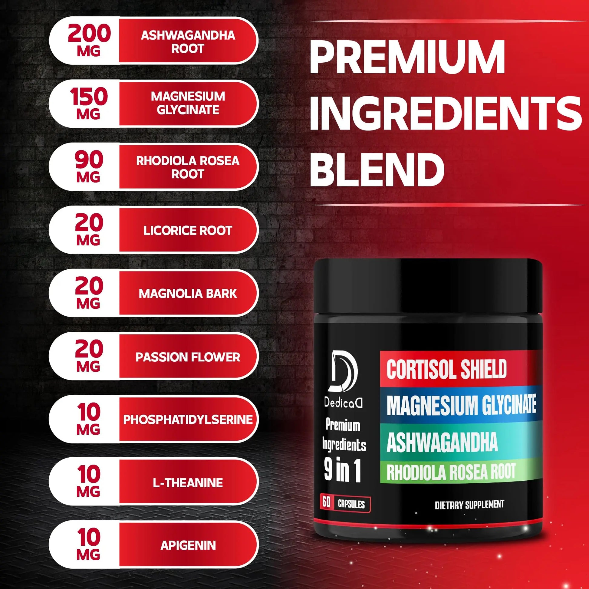 DEDICAD 9in1 Cortisol Shield - Magnesium Glycinate & Ashwagandha with Rhodiola, Phosphatidylserine, Passion Flower, L-Theanine, Apigenin, Licorice, Magnolia - Rest Well & Mood Balance - 60 Count DEDICADnz supplements