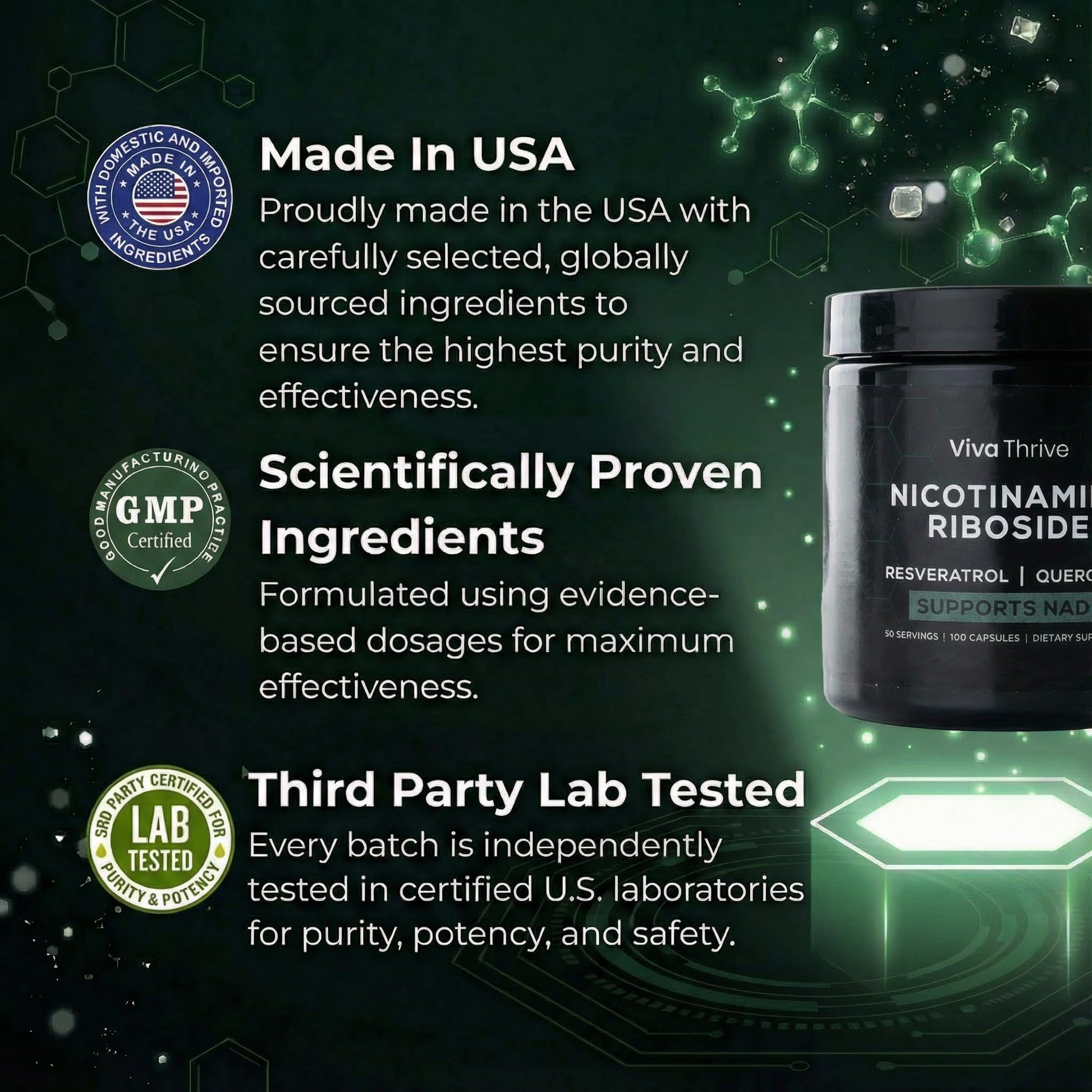 VivaThrive Advanced NAD+ Complex - NMNH Supplement Alternative - 50 Day Supply - Triple Action NAD+ Supplement - Nicotinamide Riboside - Resveratrol - Quercetin - Third-Party Tested - Made in USA VivaThriveAu supplements