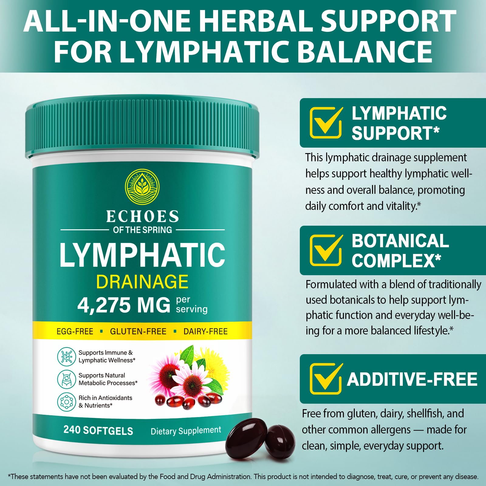 Lymphatic Drainage Supplements, 4275mg Lymph System Support Supplement for Women & Men, Daily Wellness Support, 21-in-1 Herbal Blend with Echinacea, Dandelion, Burdock, Turmeric & More, 240 Softgels Echoes of the springAu supplements