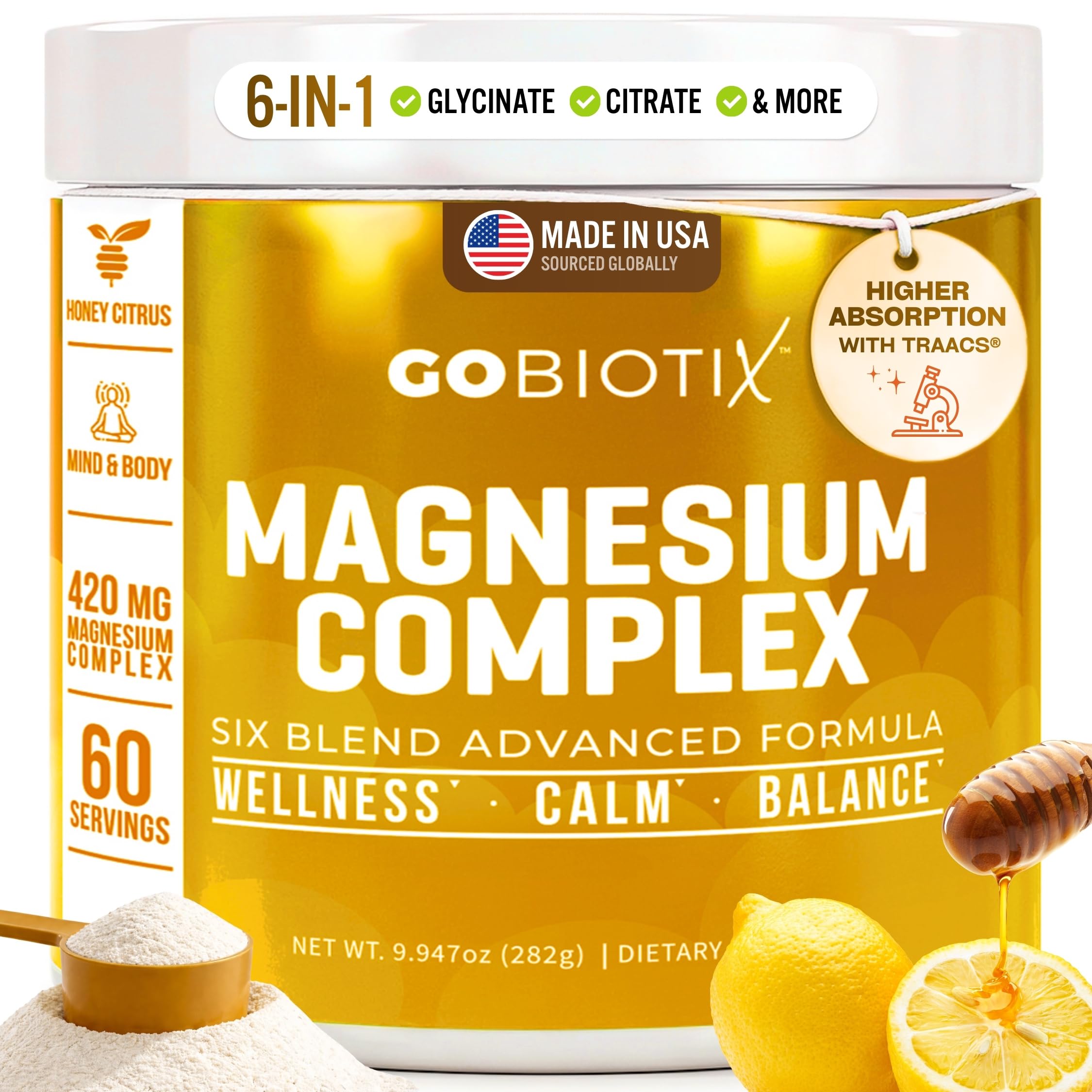 GoBiotix Magnesium Glycinate Powder – Cortisol Supplements for Women and Men – High Absorption Magnesium Complex Calm Supplement with Citrate, Malate – Sugar Free – 420 mg, 60 Servings - Honey Citrus GOBIOTIXAu supplements
