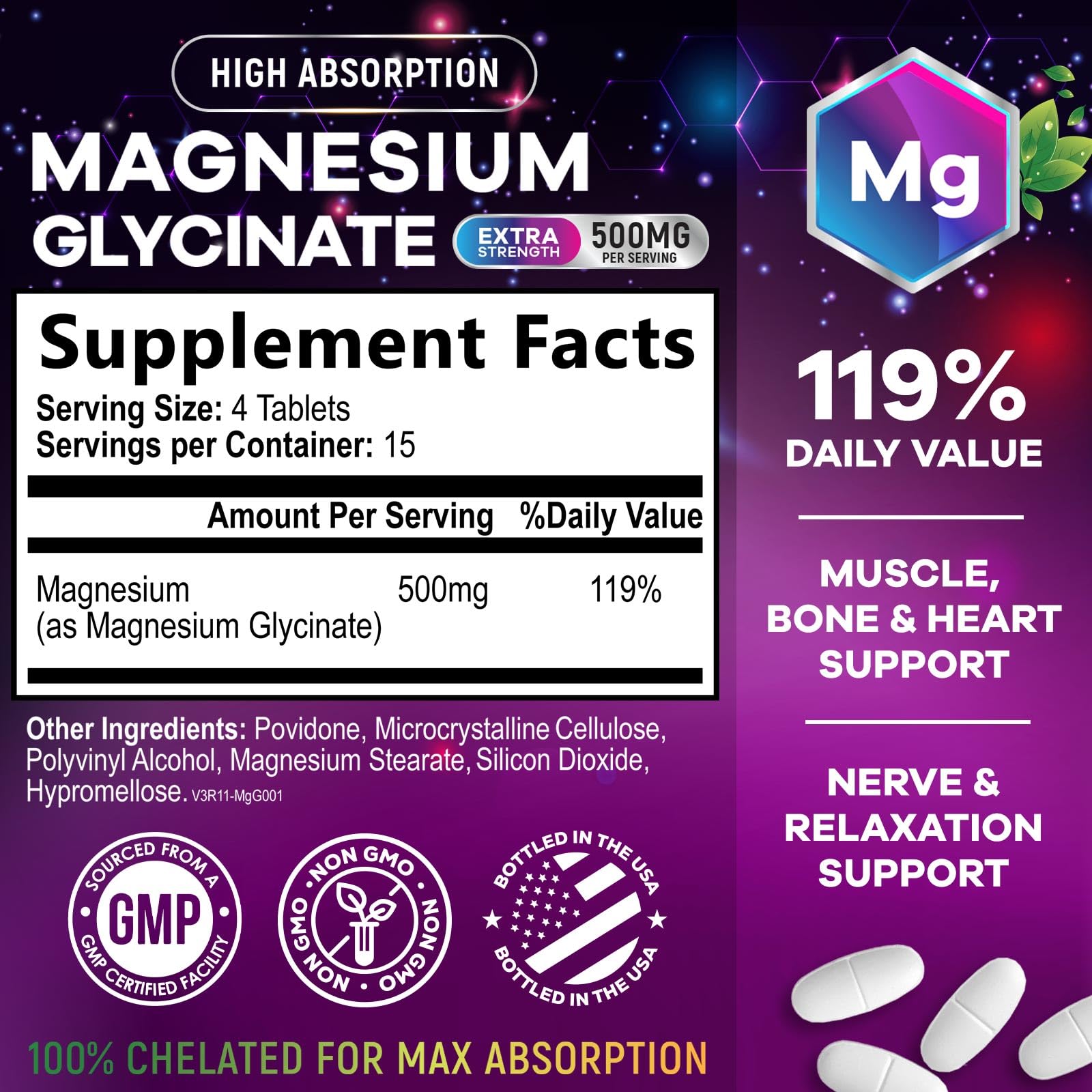 Magnesium Glycinate Supplement - 500mg Magnesium Per Serving - 100% Chelated & Purified - Supports Sleep, Heart Health, & Muscle Strength - Best Absorption Magnesium, Bottled in USA - 60 Tablets Nature's NutritionAu supplements