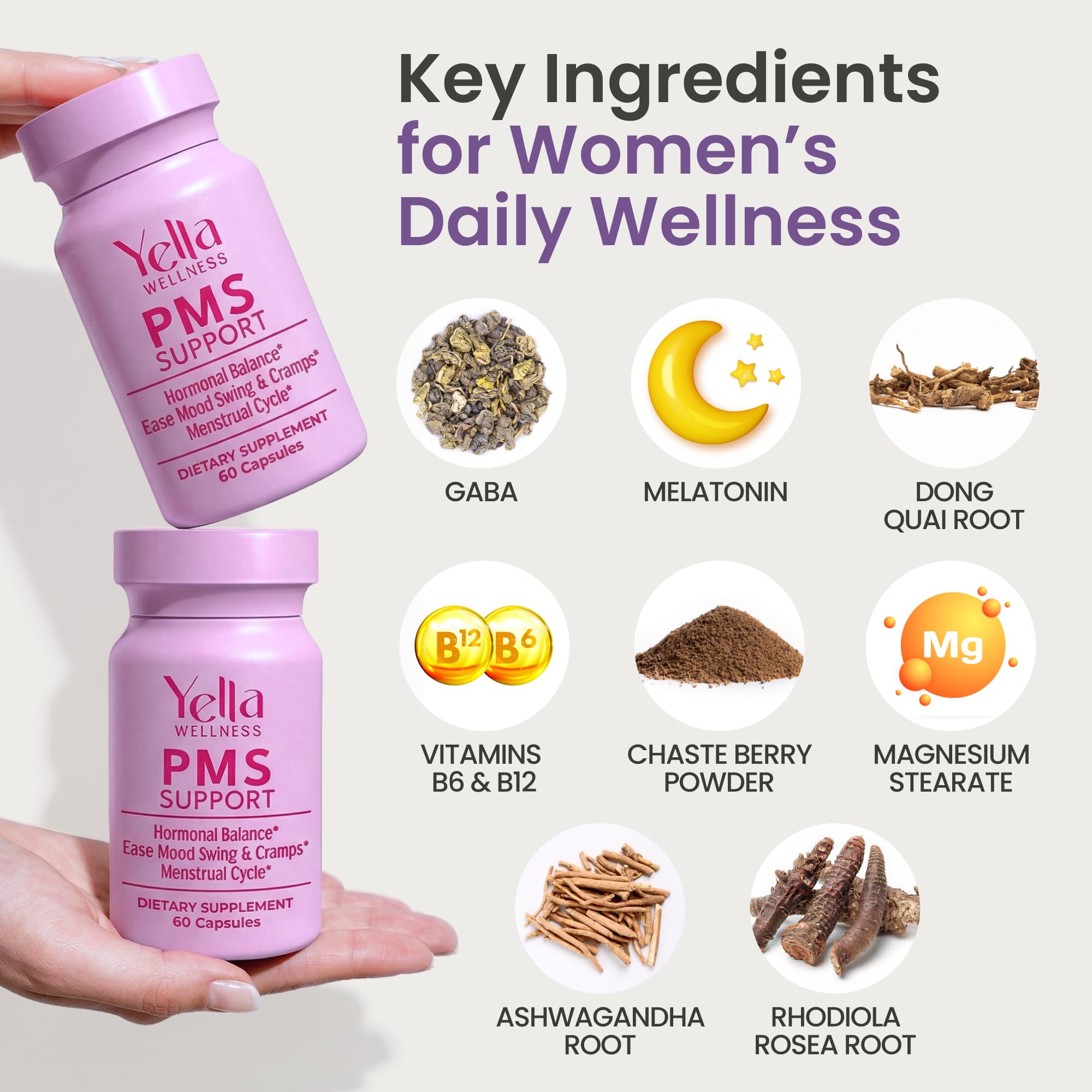 YELLA WELLNESS Hormone Balance for Women - PMS Support Supplement for Women w/Chaste Tree, Dong Quai and Ashwagandha- PMS and Menopause Relief for Bloating, Cramps and Mood Swings- (60ct) YELLA WELLNESSAu supplements