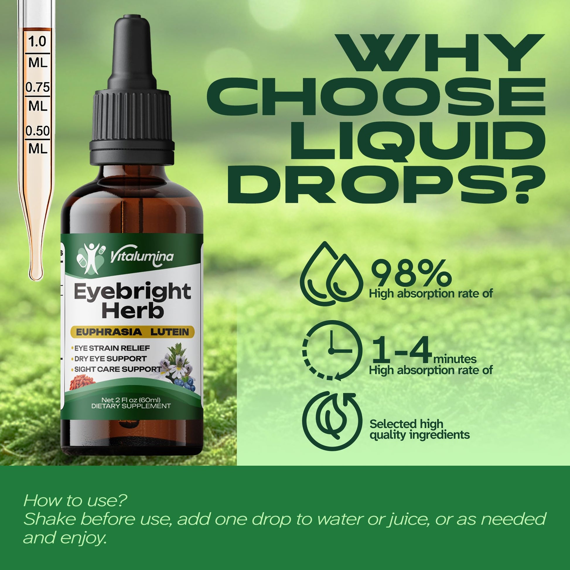 Vitalumina Eyebright Herbal Liquid with Organic Euphrasia, Lutein, Bilberry, Blueberry & Goji – Plant-Based Vegan Supplement for Adults – 4 fl oz VitaluminaAu supplements