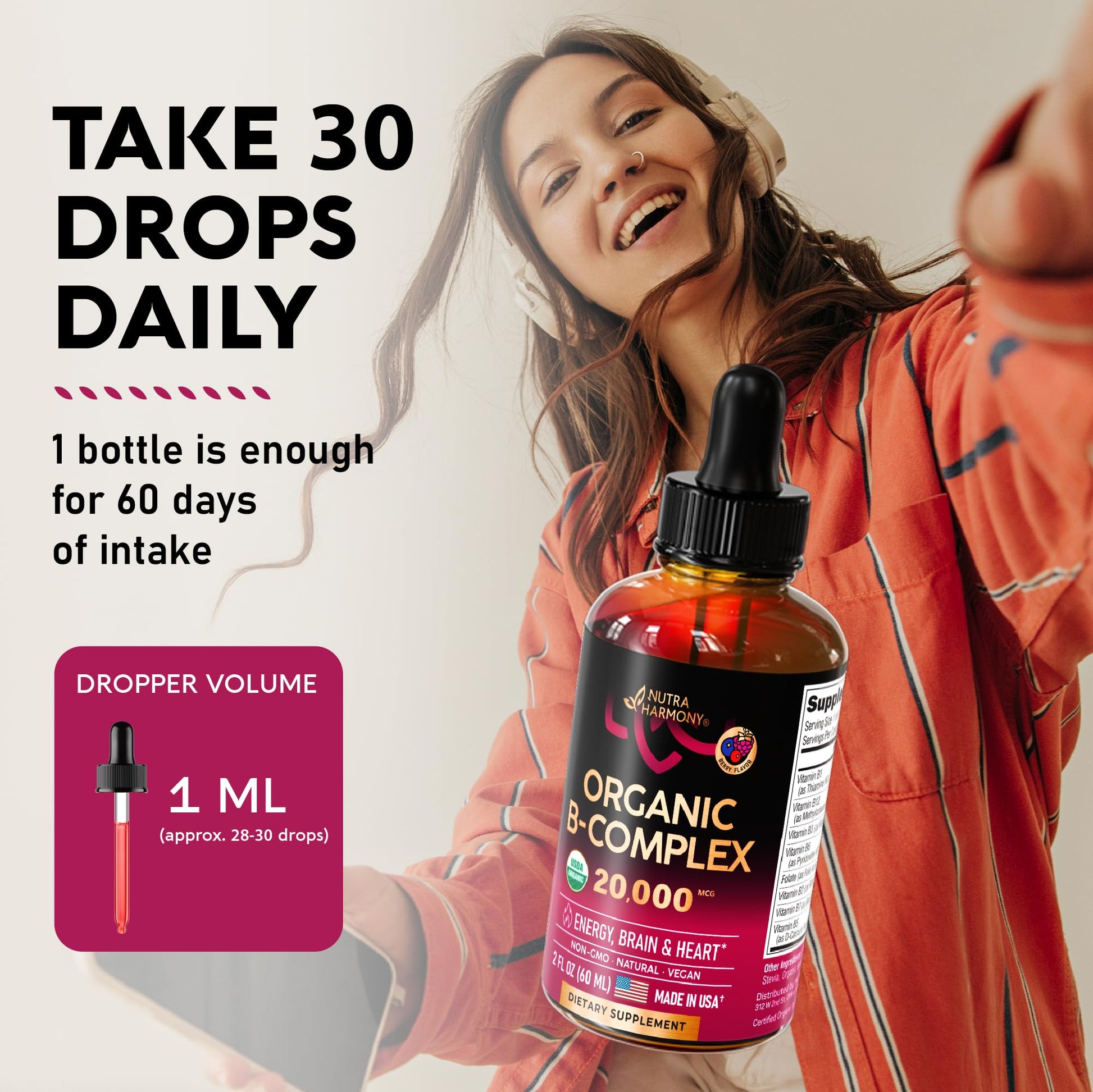 USDA Organic Vitamin B Complex Liquid Drops - 8-in-1 B Complex Vitamins: B1, B2, B3, B5 NUTRAHARMONYAu supplements