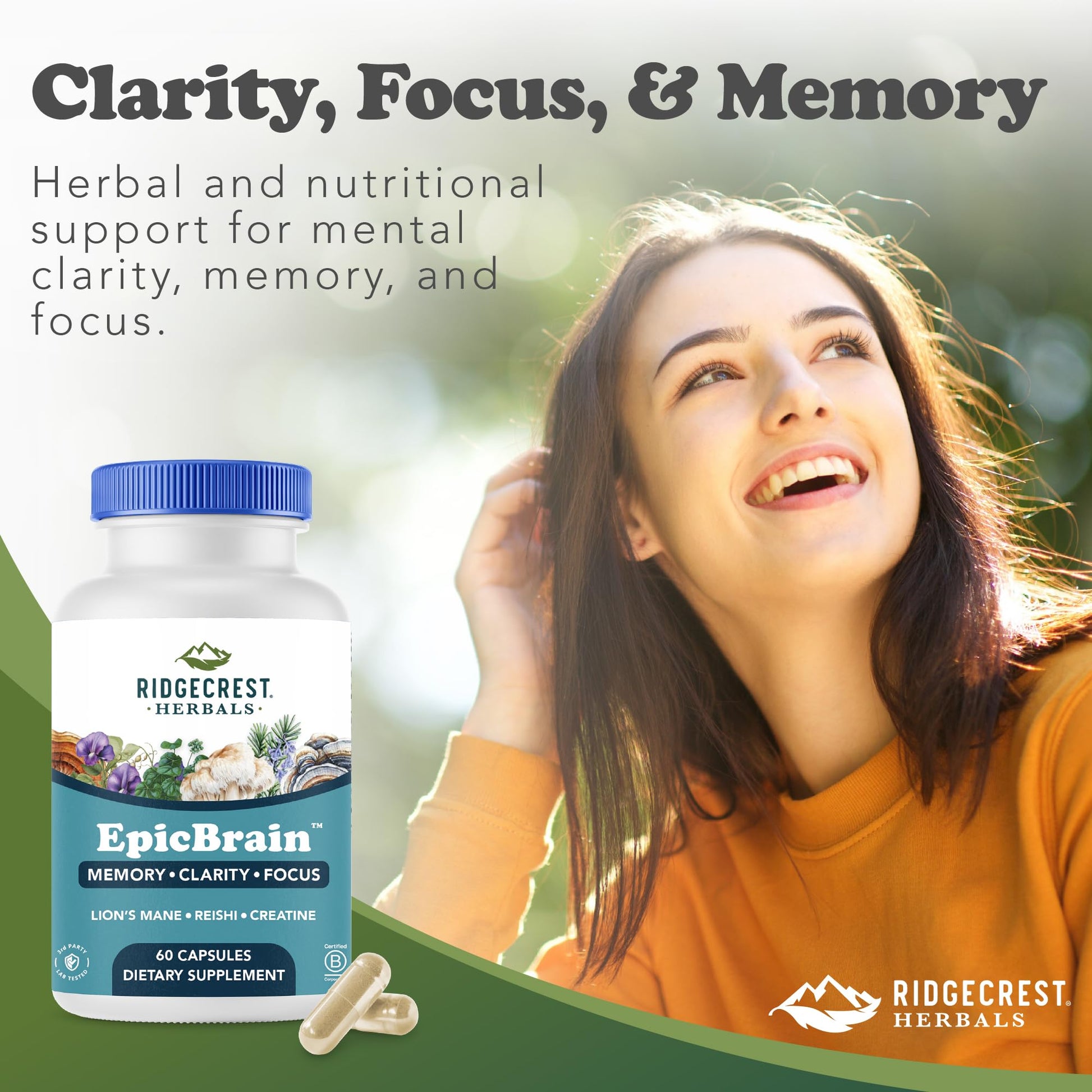 RidgeCrest Herbals EpicBrain, Natural Brain Support Supplement with Creatine Monohydrate, Lion's Mane, Reishi, Supports Mental Clarity, Memory, Focus, Stimulant-Free Nootropic (60 Count, 30 Servings) RidgeCrest HerbalsAu supplements