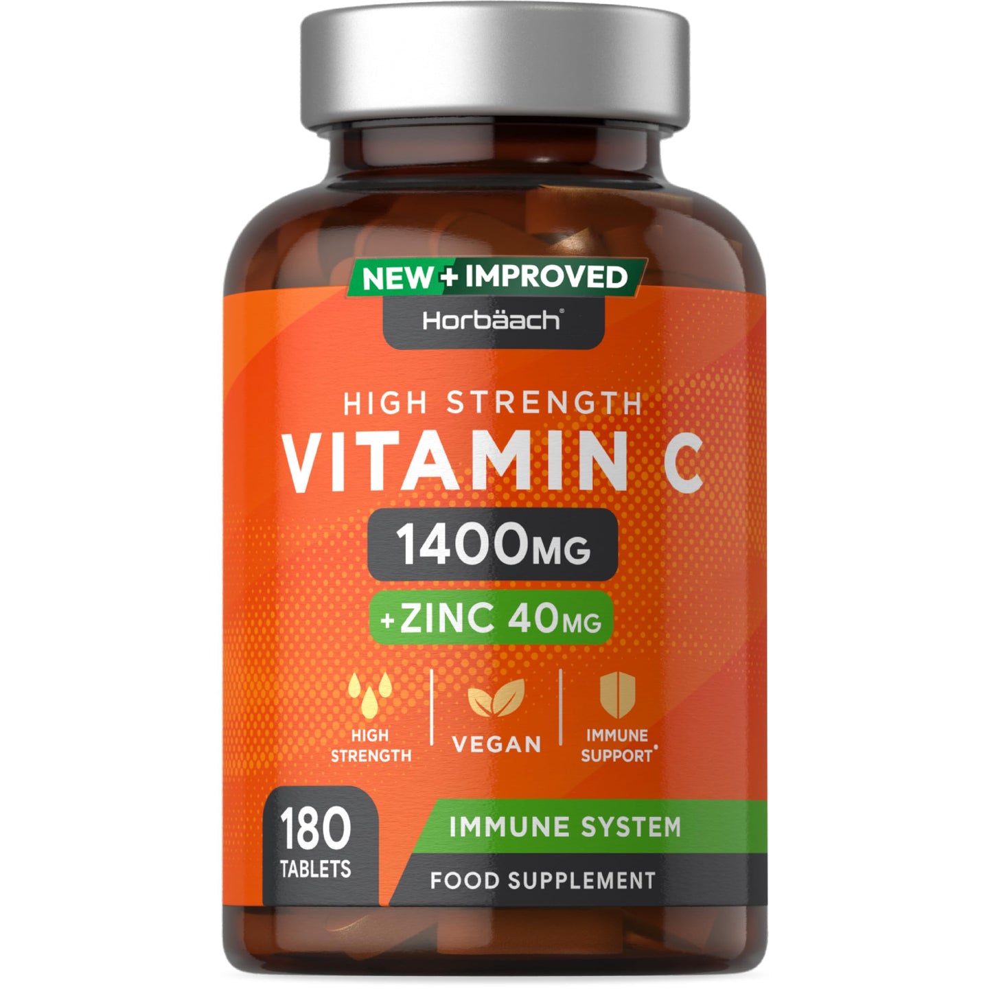 Vitamin C and Zinc | 180 Vegan Tablets | High Strength Vitamin C 1400mg and Zinc 40mg HorbäachUS supplements