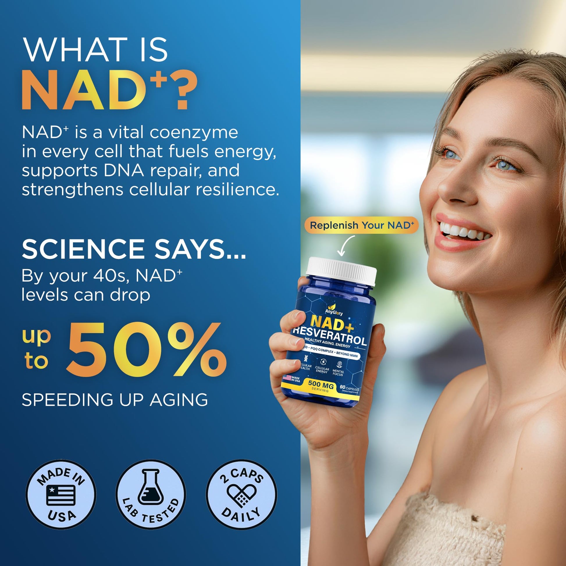 Anyglory NAD+ Supplement with 500mg NR, Resveratrol, CoQ10, PQQ- 5-in-1 NAD Formula |NMN Supplement Alternative|NAD Resveratrol Support Cellular Energy & Healthy Aging-Made in USA-60 Capsules AnygloryAu supplements