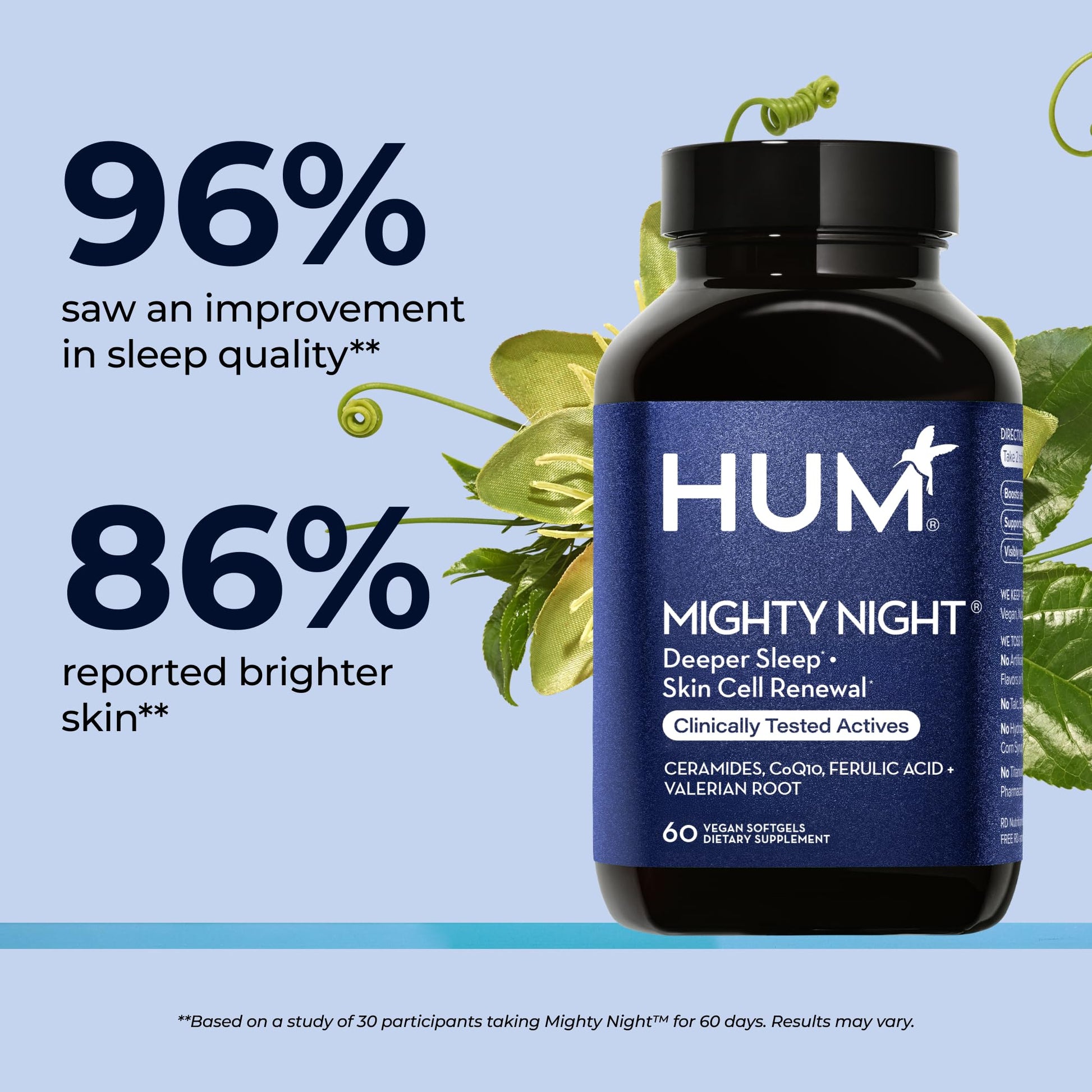 HUM Mighty Night Nighttime Sleep Supplement for Skin Care, CoQ10, Valerian Root & Ferulic Acid to Support Cell Turnover, Skin Vitamins for Women and Men, Overnight Beauty Vitamins, 60 Vegan Softgels HUMUS supplements