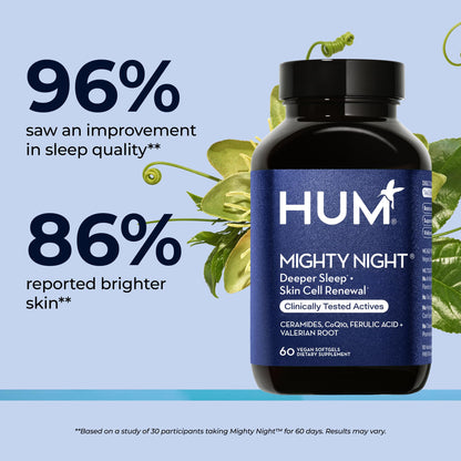HUM Mighty Night Nighttime Sleep Supplement for Skin Care, CoQ10, Valerian Root & Ferulic Acid to Support Cell Turnover, Skin Vitamins for Women and Men, Overnight Beauty Vitamins, 60 Vegan Softgels HUMUS supplements