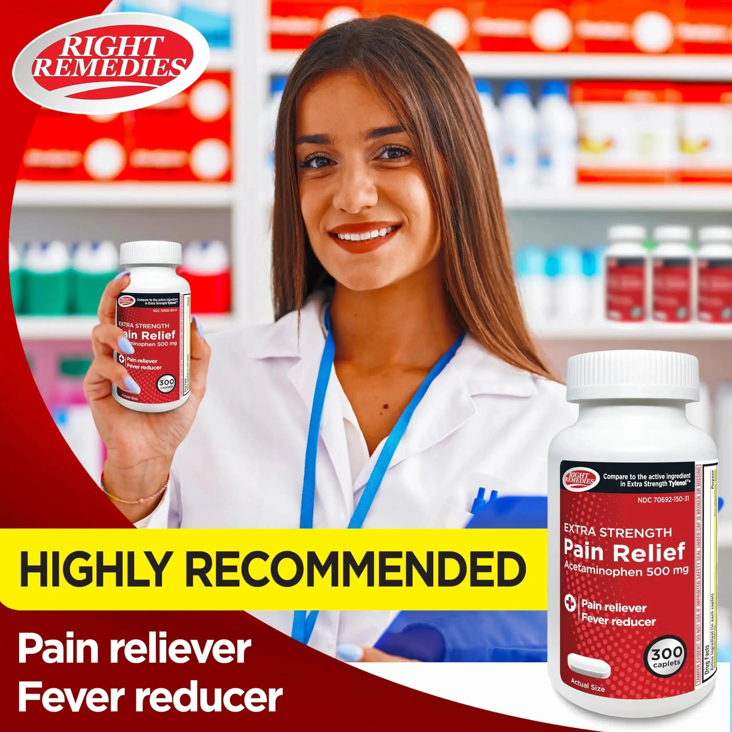 RIGHT REMEDIES Extra Strength Pain Relief, Acetaminophen 500 mg Caplets, Pain Reliever & Fever Reducer, Value Pack (300 Count), Compare to the Active Ingredient in Extra Strength Tylenol® RIGHT REMEDIESAu supplements