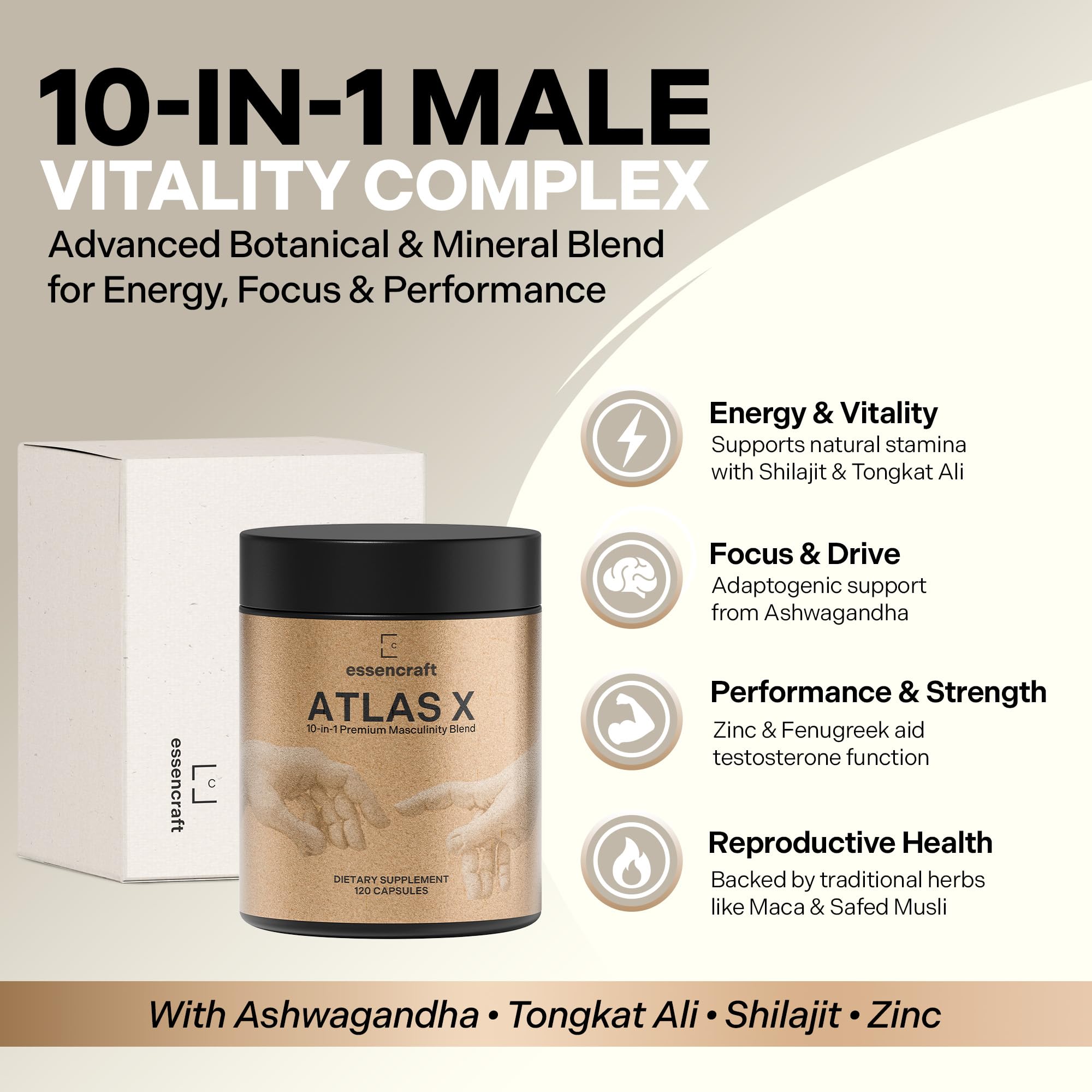 Essencraft Atlas X Testosterone Supplement for Men – 10-in-1 Natural Testosterone Booster & Muscle Booster w/Shilajit, Zinc, Tongkat Ali, & More (120 Capsules) EssencraftAu supplements