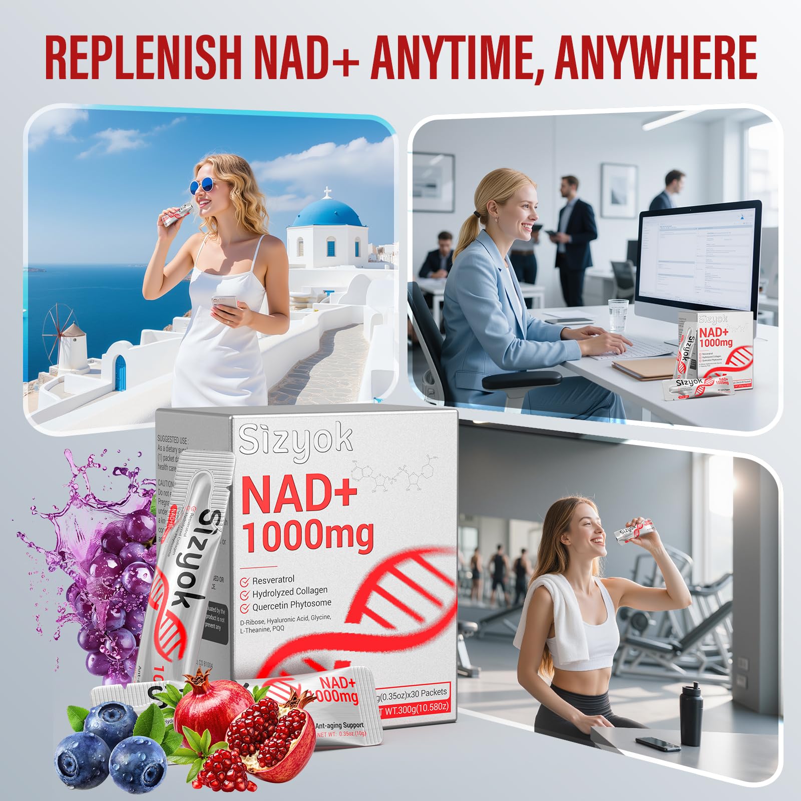 NAD+ Supplement 1000mg Liquid - High Absorption NAD+ with Trans Resveratrol 2000mg, Collagen & Hyaluronic Acid, Anti-Aging Energy Support for Women, Cellular Health & Longevity Boost SizyokAu supplements