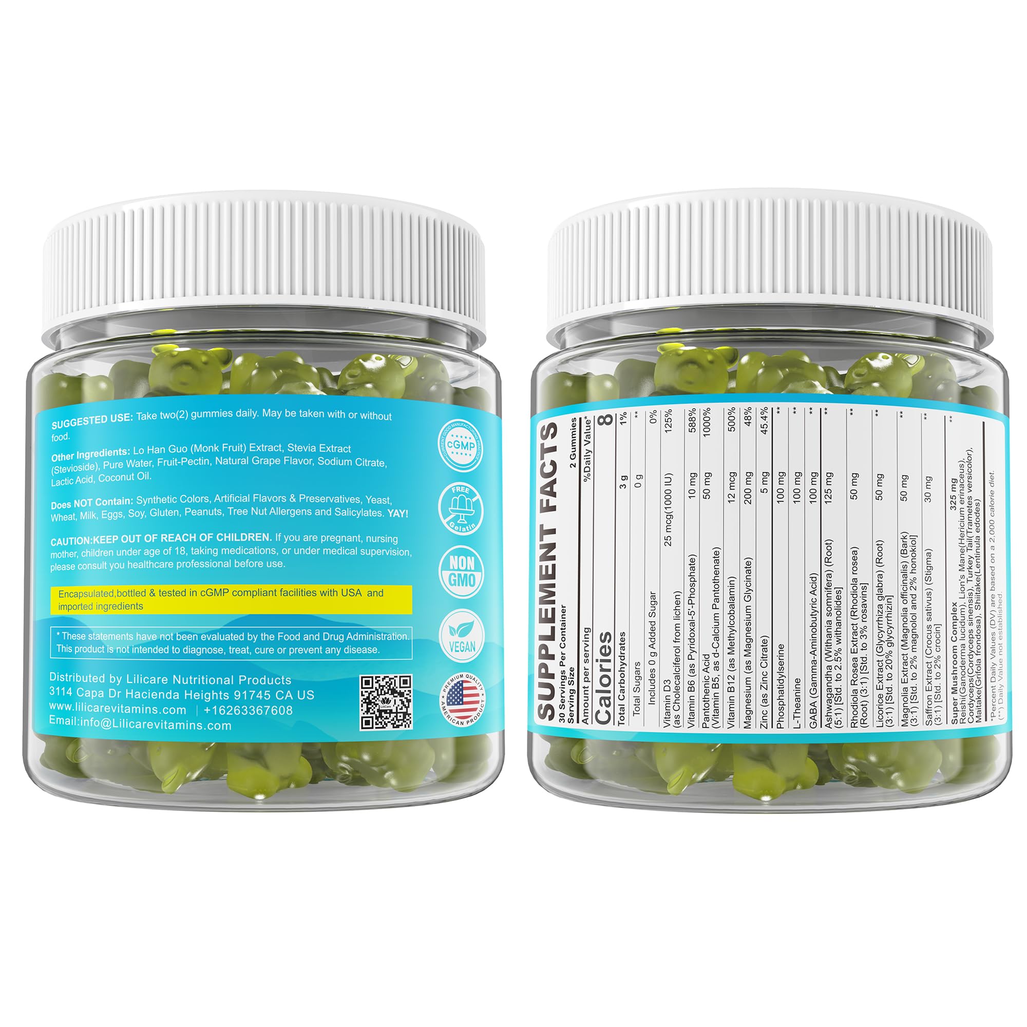 Cortisol Gummies for Women & Men, Sugar Free Cortisol Reducer Supplements w/ Magnesium, Ashwagandha, Mushroom, L-theanine, Rhodiola, Vitamin B6 B12 for Cortisol Detox, Relax, Sleep Support 2 Pack LILICAREAu supplements