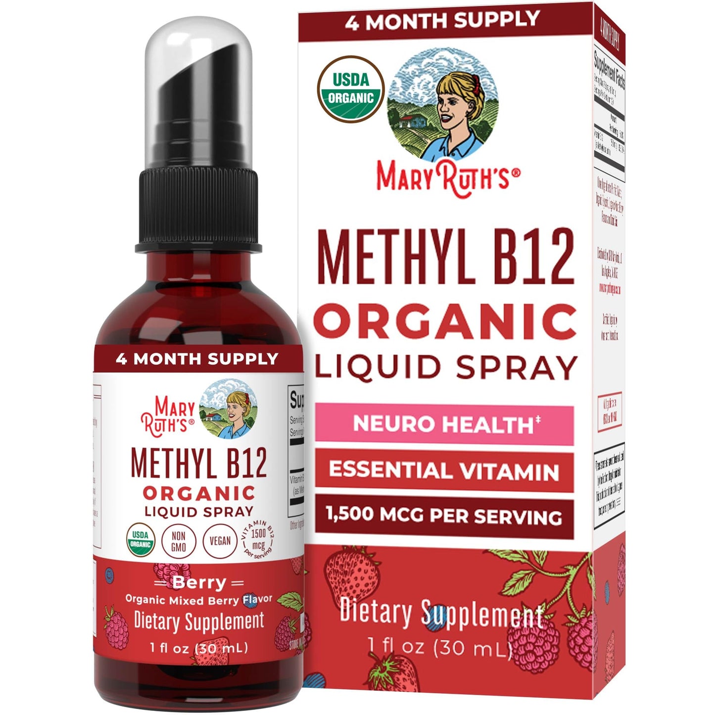 MaryRuth Organics Methyl B12 Spray | 1,500 mcg B12 Per Serving | Methylcobalamin | Energy Metabolism | Nervous System Support | Neuro Health | Vegan | Gluten Free | Sugar Free | 1 Fl Oz MARYRUTH'SUS supplements