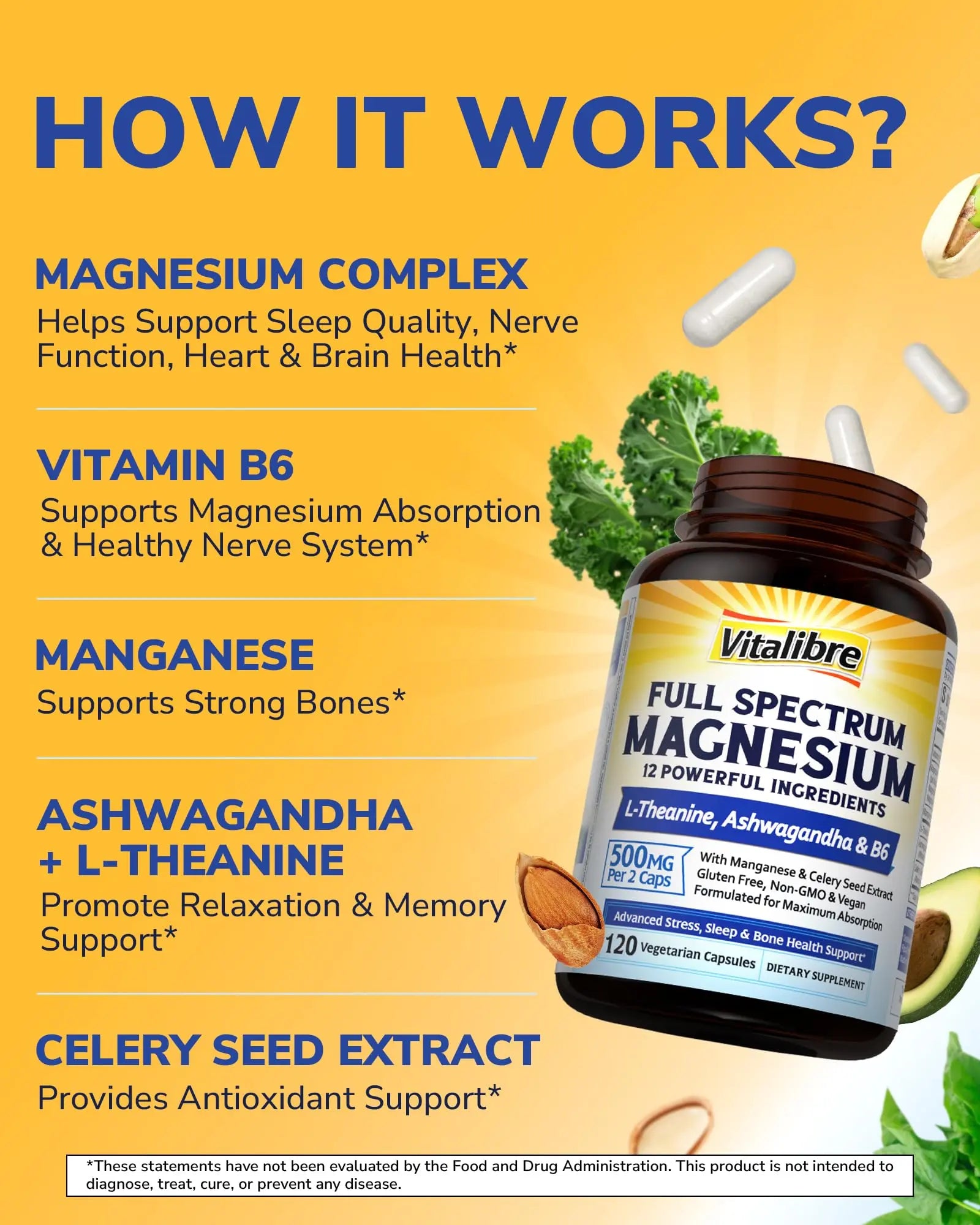 Vitalibre Magnesium Complex Supplement 500mg + Ashwagandha, L-Theanine, Vitamin B6 & Celery, High Absorption Magnesium Glycinate, Citrate, Malate, Sleep & Bone Support, 120 Vegan Capsules Vitalibrenz supplements