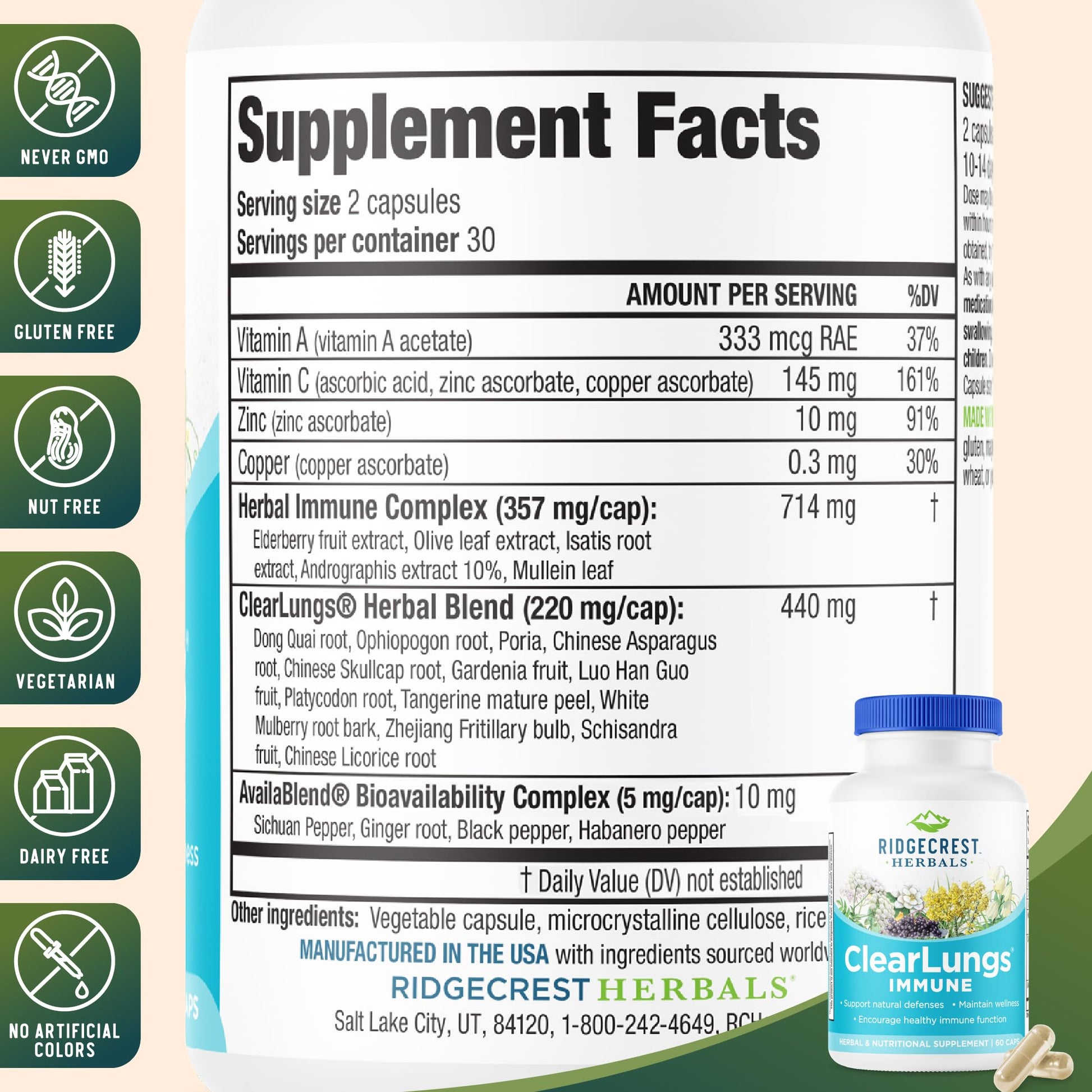 RidgeCrest Herbals ClearLungs Immune, Lung Support Supplement with Elderberry, Zinc, Vitamin C, Vitamin A, Olive Leaf, Mullein, Lung Wellness Formula for Respiratory Health (60 Vegan Caps, 30 Serv) RidgeCrest HerbalsAu supplements