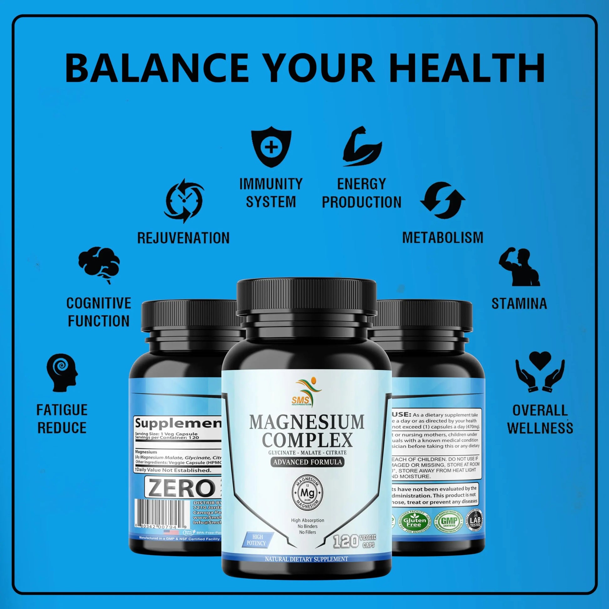 SMSHEALTHPRODUCTS.com Magnesium Complex | 470mg of Magnesium Glycinate, Malate, & Citrate for Muscles, Nerves, & Energy | High Absorption | Vegan, Non-GMO | 120 Capsules SMSHEALTHPRODUCTS.comnz supplements