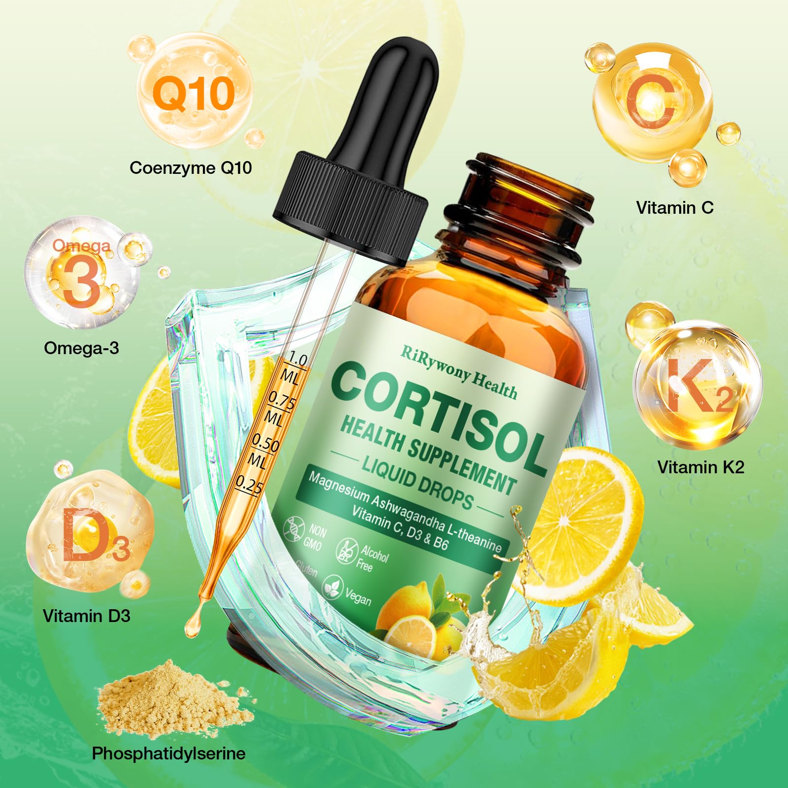 Cortisol Supplement for Women & Men - Cortisol Detox Reducer Magnesium Glycinate, Ashwagandha, L-Theanine, Phosphatidylserine - Hormone Balance for Calm Mood Focus Sleep (2 FL.OZ Lemon) RiRywony HealthAu supplements