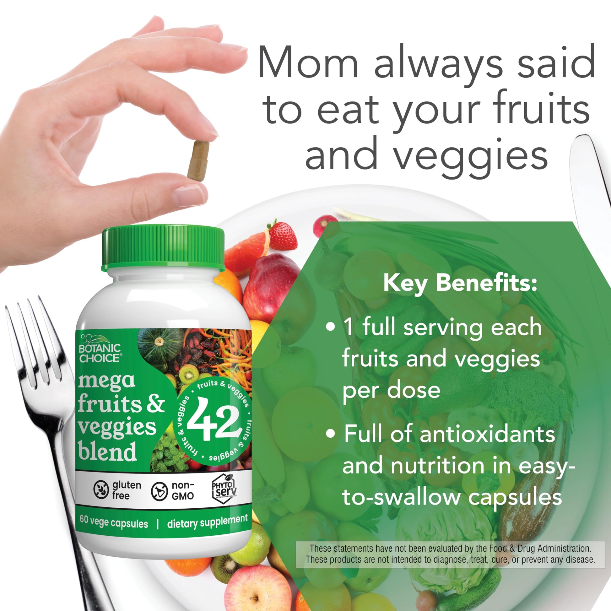 Botanic Choice Since 1910 - Mega Fruits & Veggies Blend - 42 Fruits and Vegetables - 2 Caps Daily - 60 Count Supplement Botanic ChoiceAu supplements