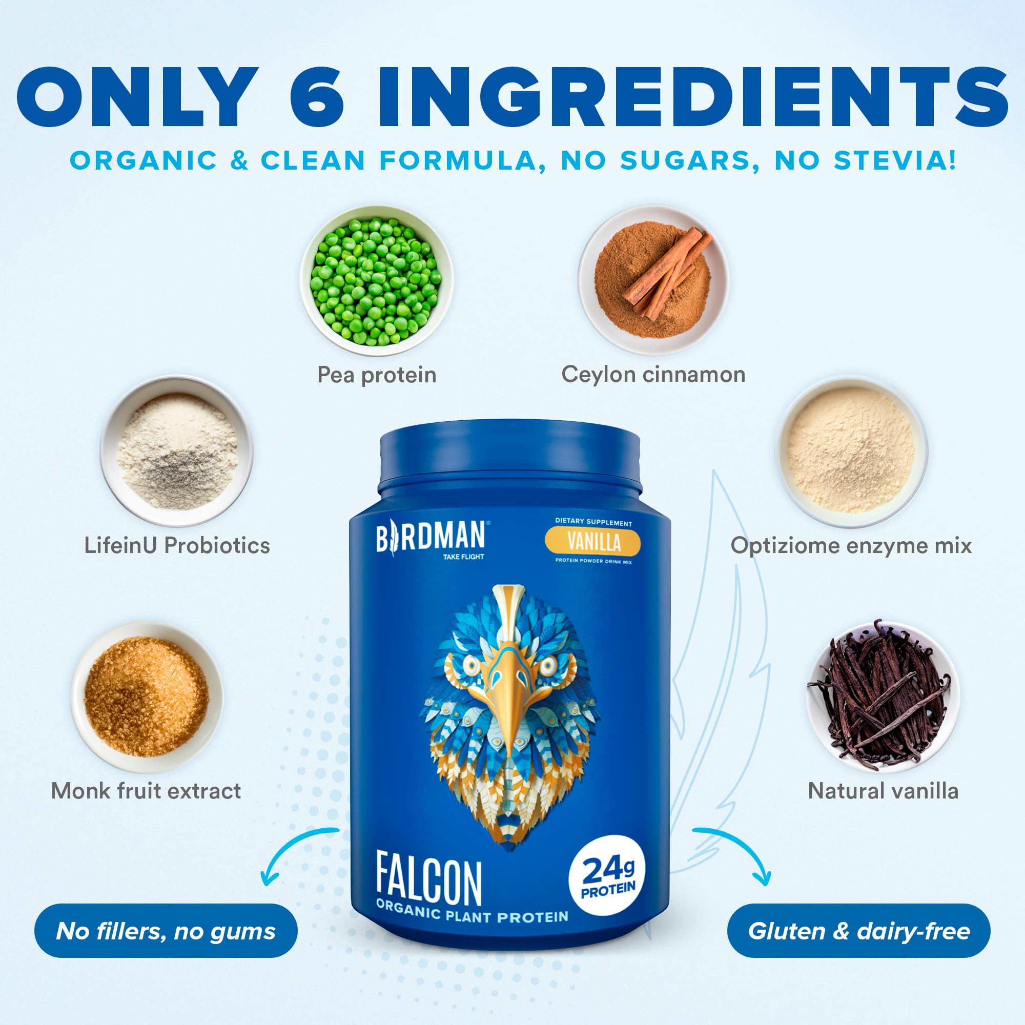 BIRDMAN Falcon Vegan Protein Powder Organic, Stevia & Sugar Free, Plant Based Protein BIRDMANUS supplements