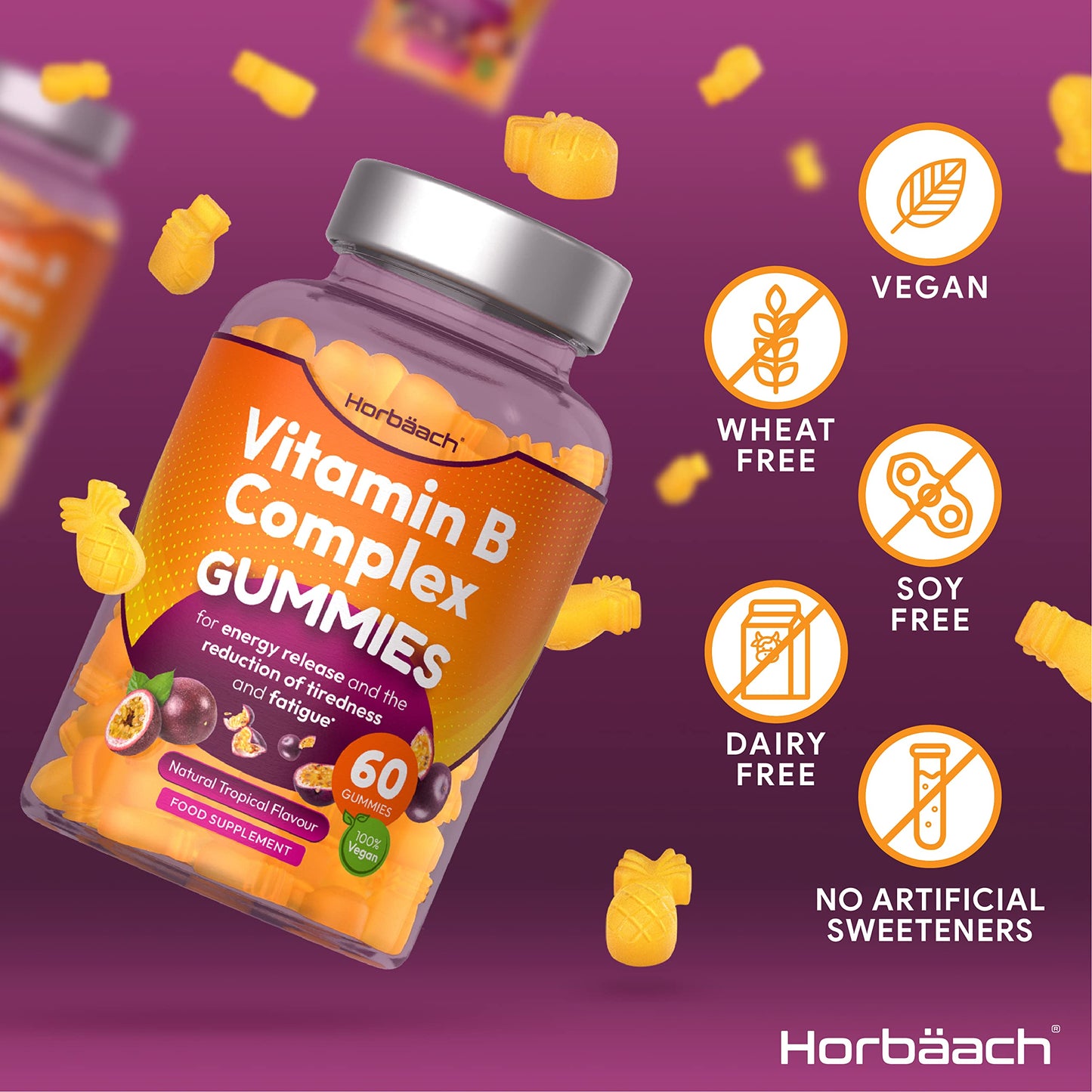 Vitamin B Complex Gummies | 60 Vegan Gummies - Tablet Alternative | High Strength B12 HorbäachUS supplements