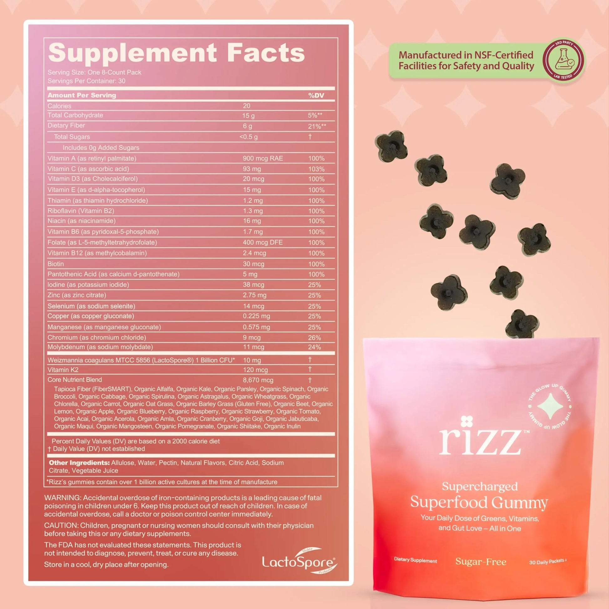 Rizz Sugar-Free Green Gummies - 60+ Superfoods 6g Fiber - Prebiotic and Probiotic Gummies - Vegan Multivitamins for Women & Men RizzAu supplements