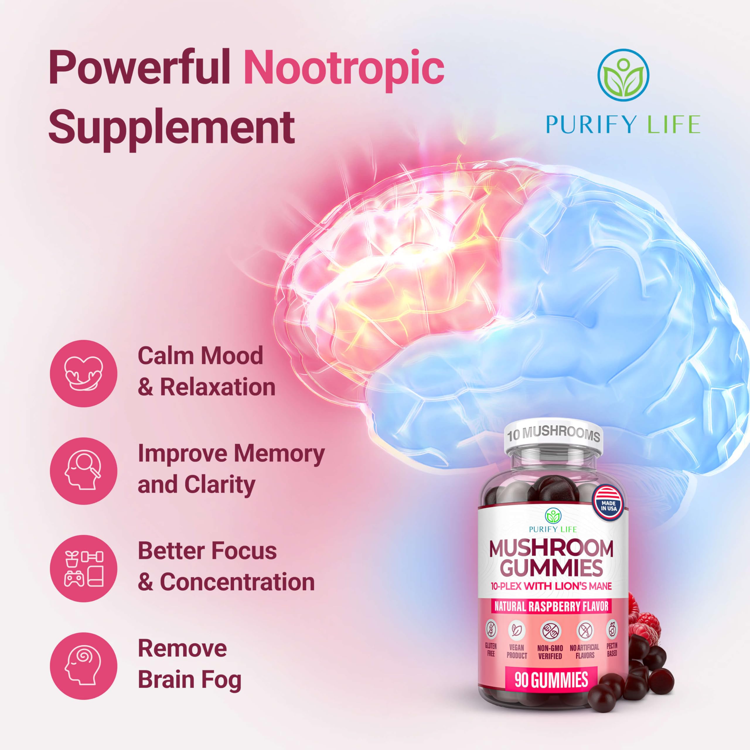 World's First Mushroom Complex Gummies with Lions Mane, Immune Support & Stress Relief, Nootropic Mushroom Supplement for Adults & Children (90 Chews 2500mg/serving) Purify LifeAu supplements