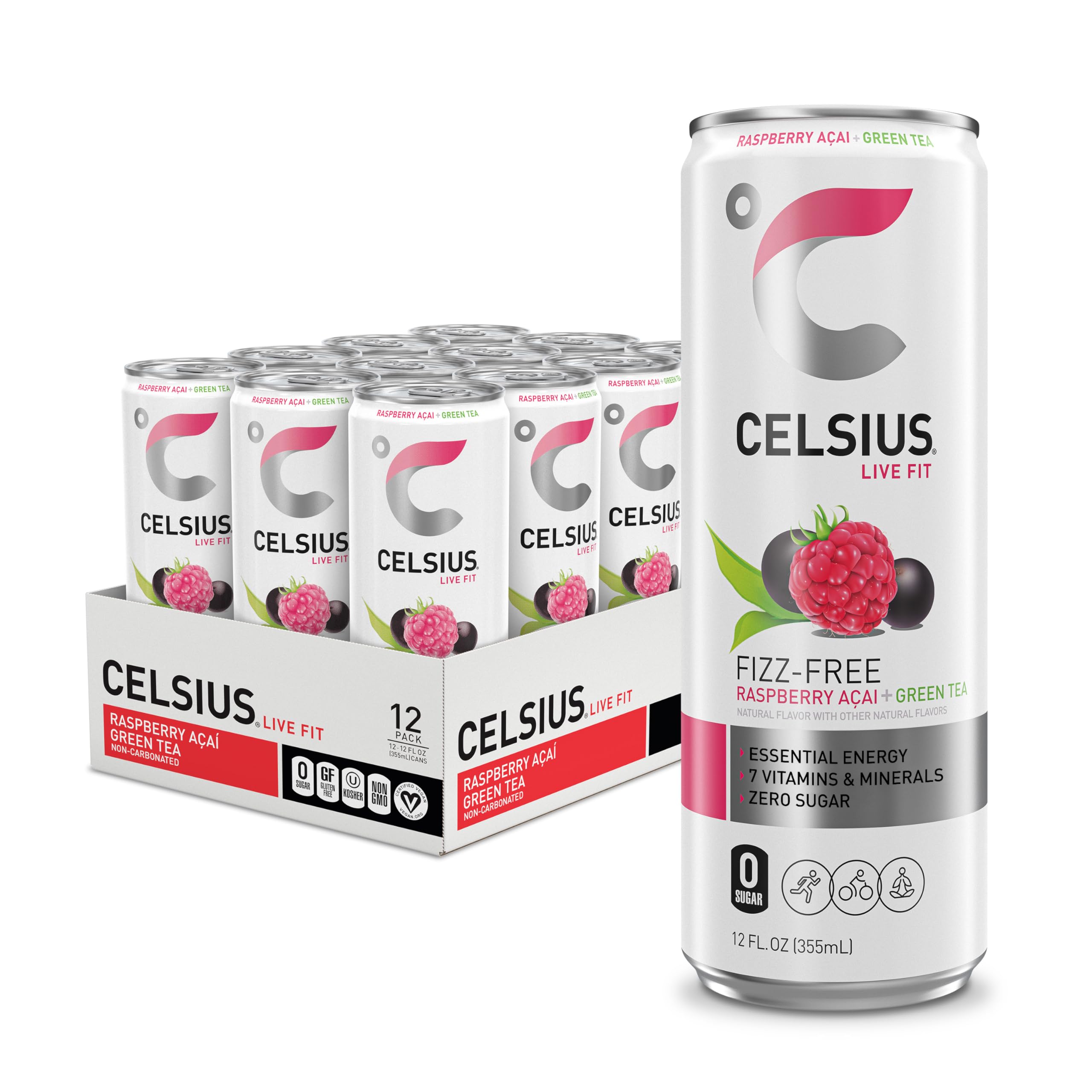 CELSIUS Raspberry Acai Green Tea, Functional Essential Energy Drink 12 Fl Oz (Pack of 12) Packaging may vary CELSIUSUS supplements