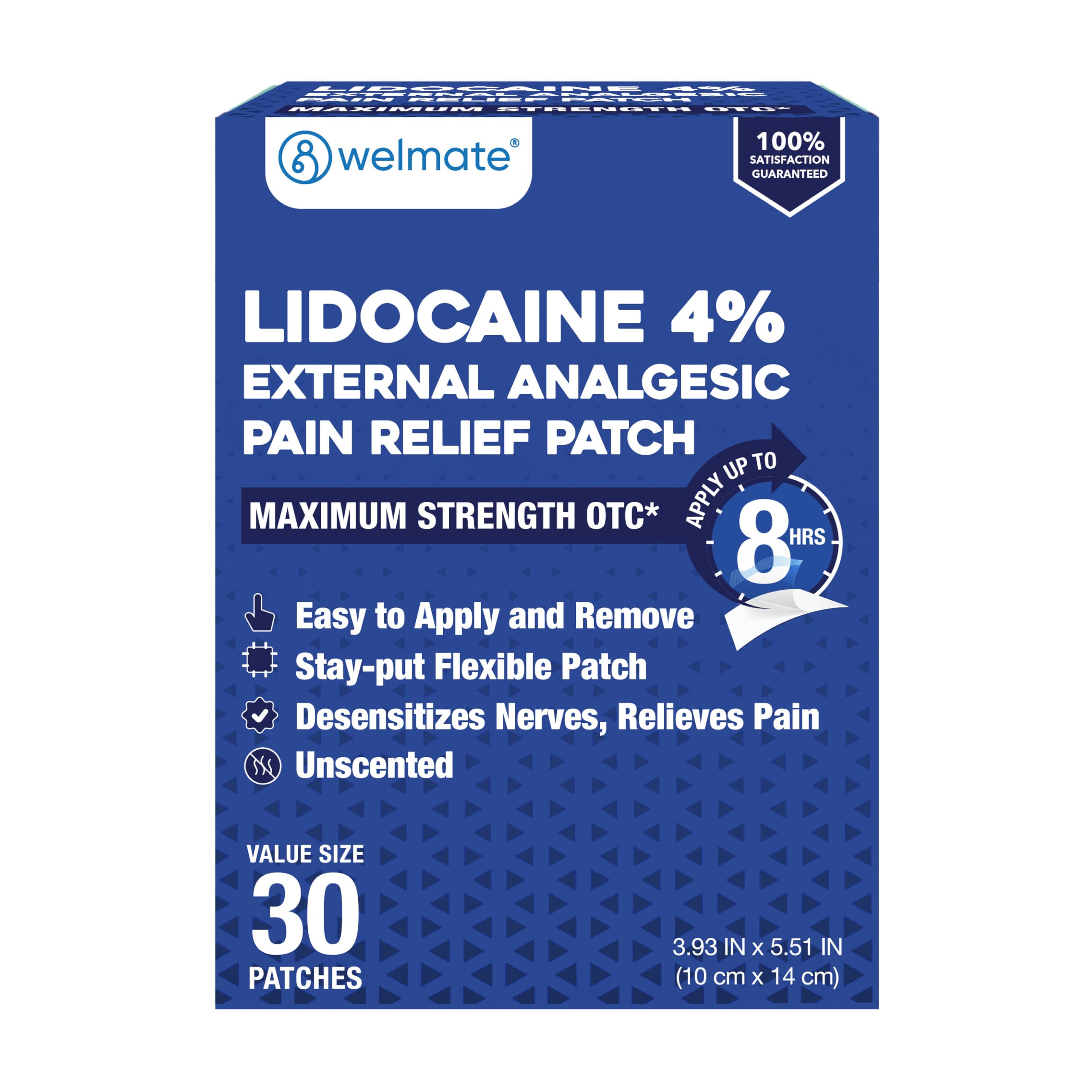 WELMATE - 4% Lidocaine Numbing Patch - Maximum Strength - Temporary Relief of Pain, Back, Neck, Shoulders, Knees, Elbows, Minor Skin Irritations - Topical Analgesic Unscented - 30 ct WELMATEAu supplements