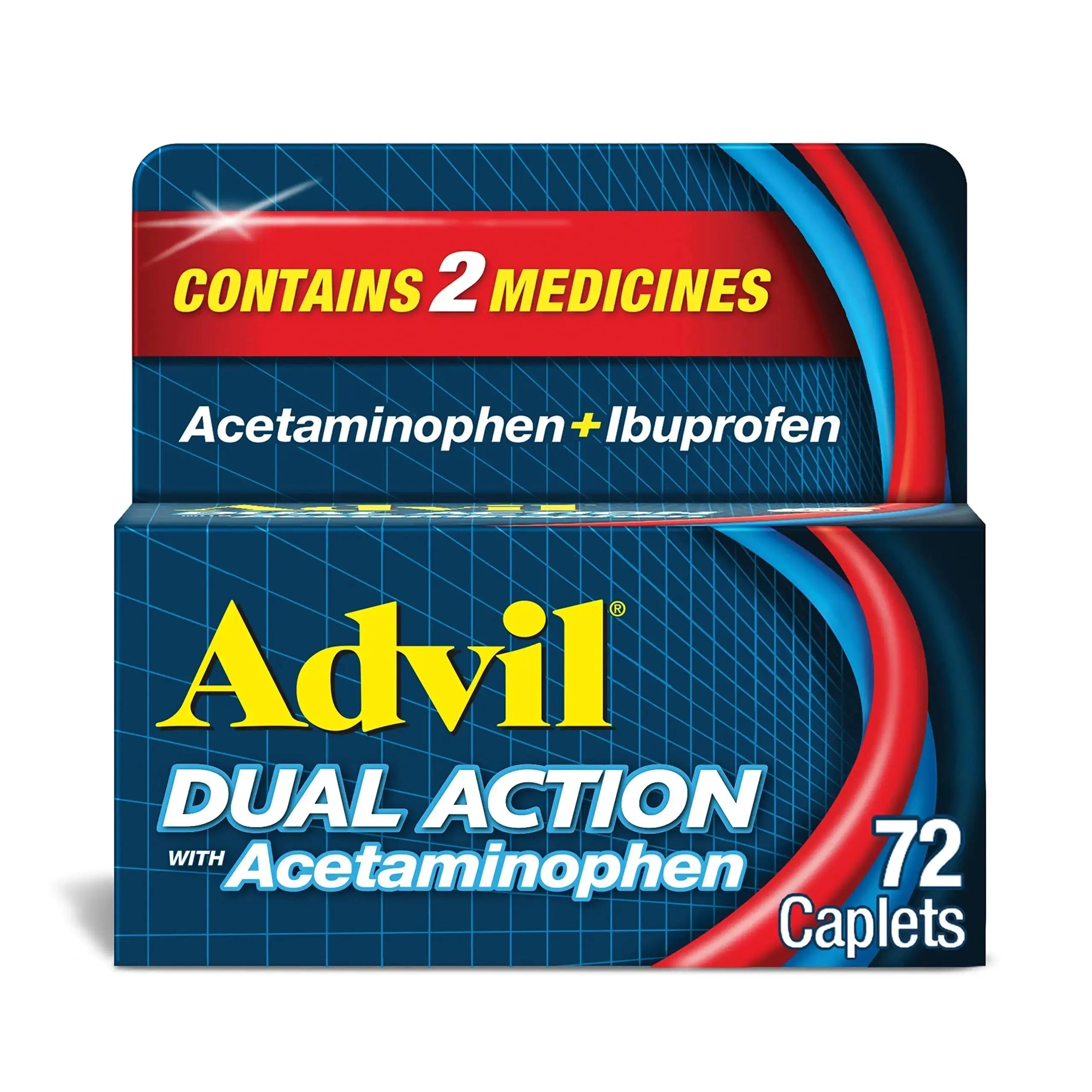 Advil Dual Action Coated Caplets with Acetaminophen, 250 Mg Ibuprofen and 500 Mg Acetaminophen Per Dose (2 Dose Equivalent) for 8 Hour Pain Relief - 72 Count AdvilAu supplements