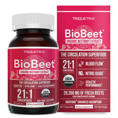 BioBeet® Max Strength Beet Root Capsules - 21:1 Concentrate, Each Serving Derived from 28,350 mg Organic Beetroot - Absorption Enhancement Triquetra HealthUS supplements