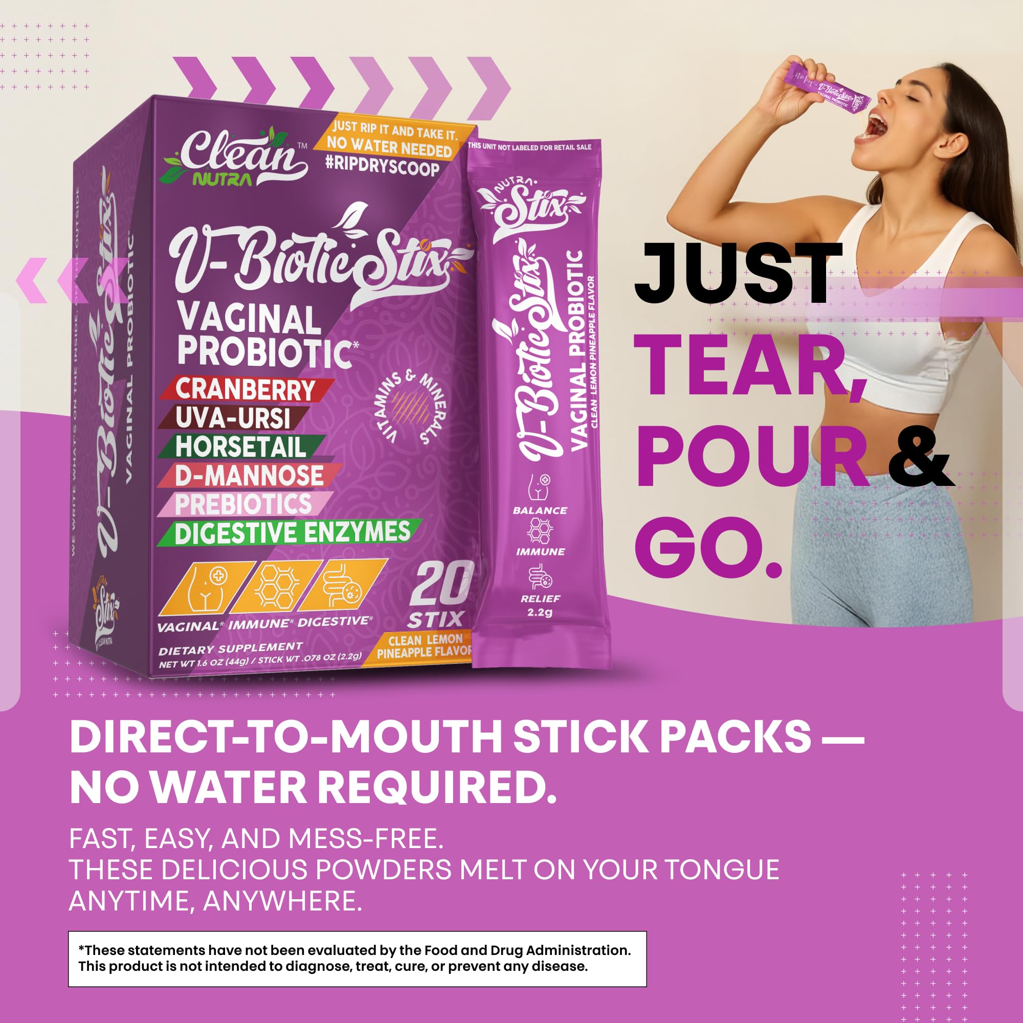 Clean Nutraceuticals Vaginal Probiotics for Women with Cranberry Extract, D-Mannose, Prebiotics, pH Balance for Women, Vaginal Health – Womens Probiotic Alternative to Gummies - 20 Stix Clean NutraceuticalsAu supplements