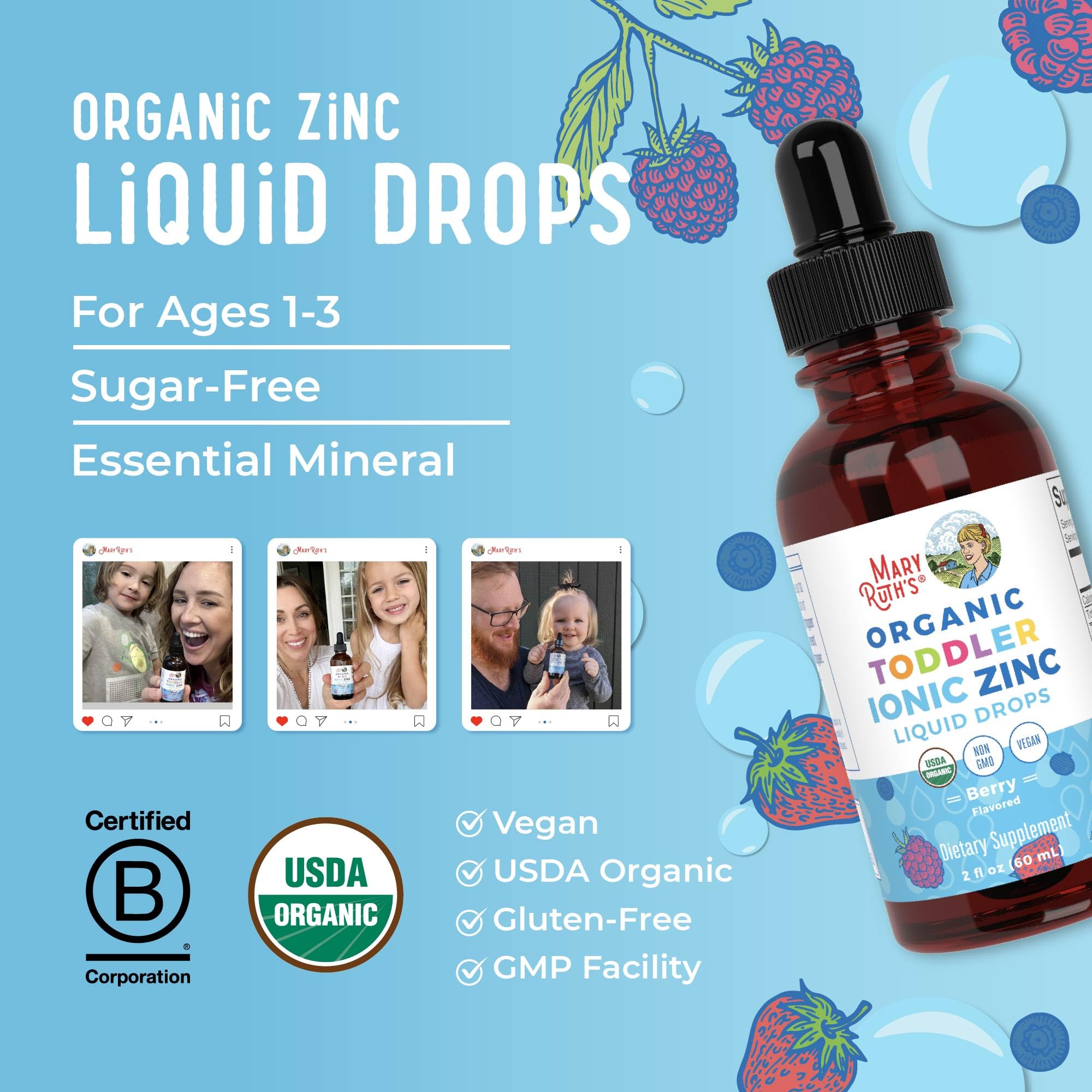 MaryRuth Organics USDA Toddler Liquid Drops | Zinc Sulfate | Immune Support Supplement| Skin Health | Vegan | Formulated for Ages 1-3 | Delicious Berry Flavor | 1 Month Supply | 2 Fl Oz MARYRUTH'SUS supplements