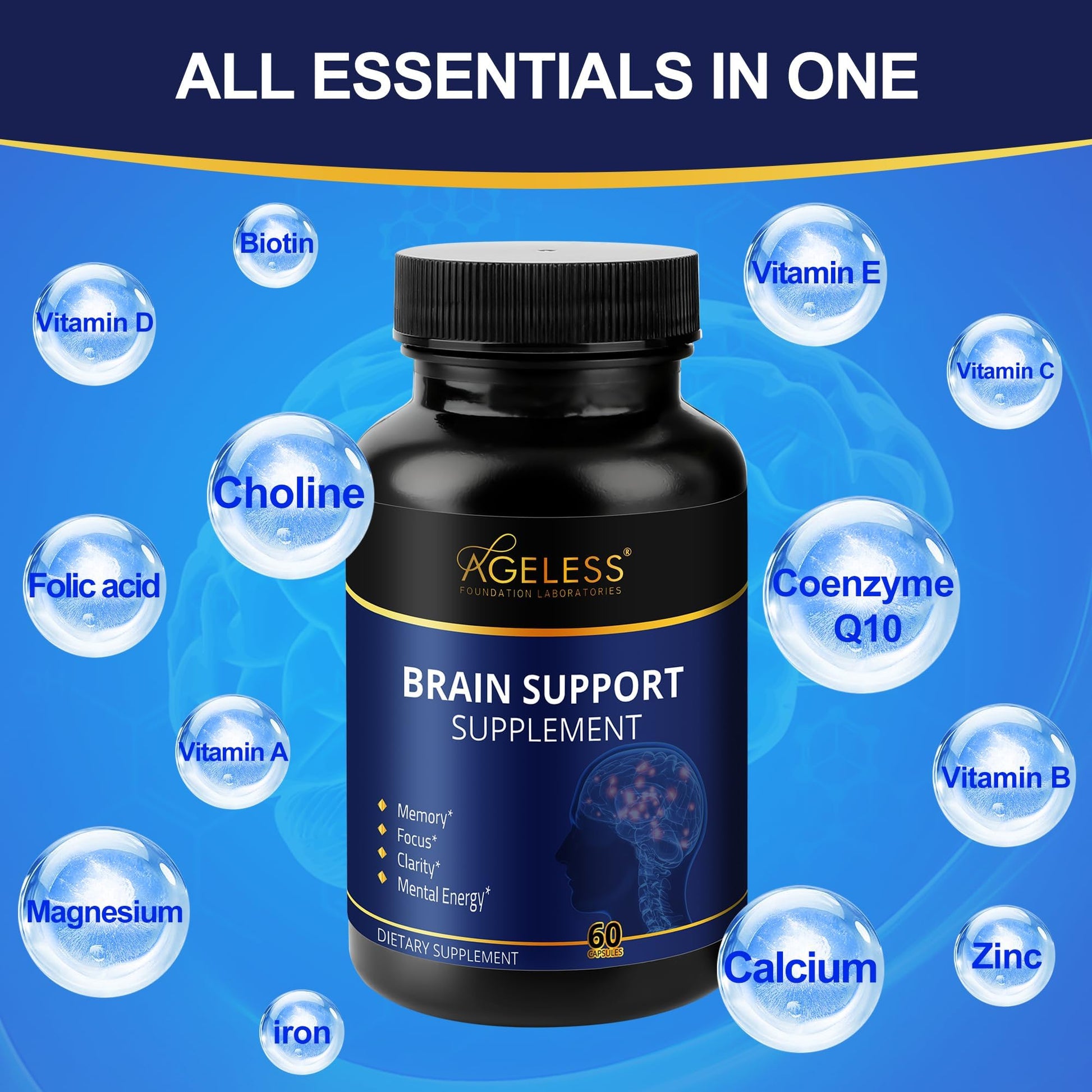 Ageless Brain Supplements for Memory and Focus 1000 MG | Cognitive Improvement | Formulated with Clinically Studied Ingredients | Support Mental Clarity & Neuro Health | Vitamin B6, B12, 60 Capsules Ageless Foundation LaboratoriesAu supplements