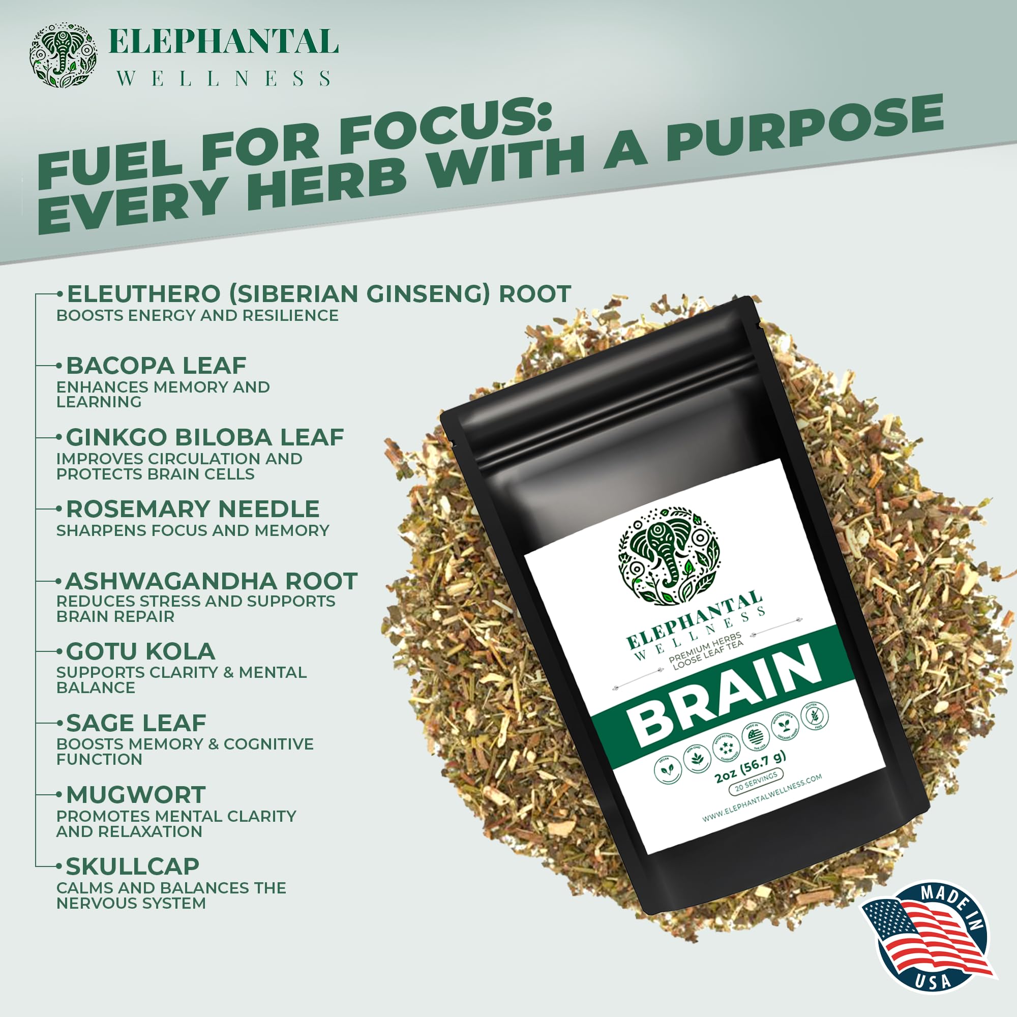 Elephantal Wellness Premium Brain Herbal Tea | Nootropic Focus & Mental Clarity with Ginkgo, Bacopa, Gotu Kola & Rosemary | Non-GMO, Caffeine-Free Coffee Alternative, Handmade Loose Leaf Blend, 2oz Loose Leaf, 20 Servings Elephantal WellnessAu supplements