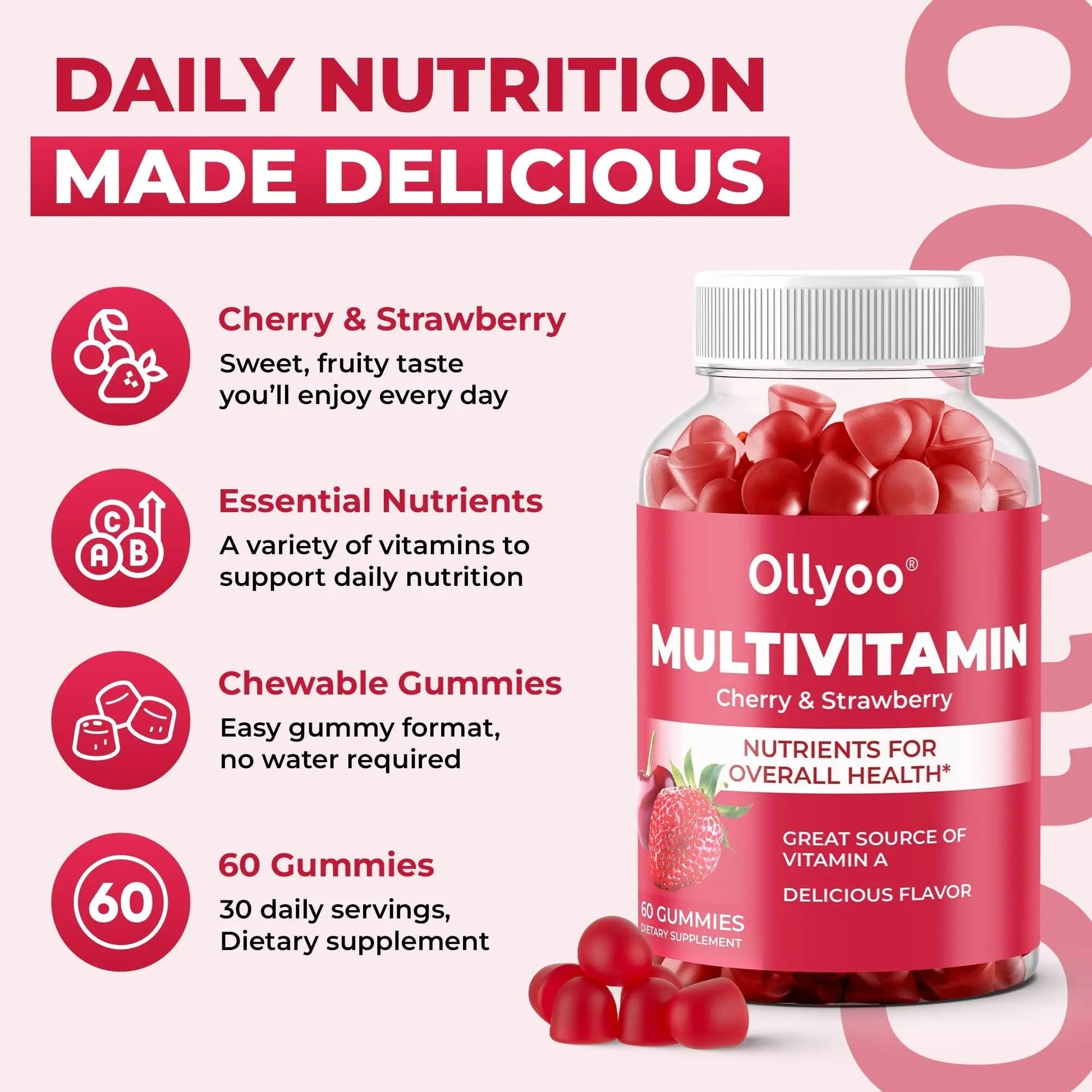 Ollyoo Multivitamin Gummies for Adults | Cherry & Strawberry Flavor | Great Source of Vitamin A & Essential Nutrients | OllyooAu supplements