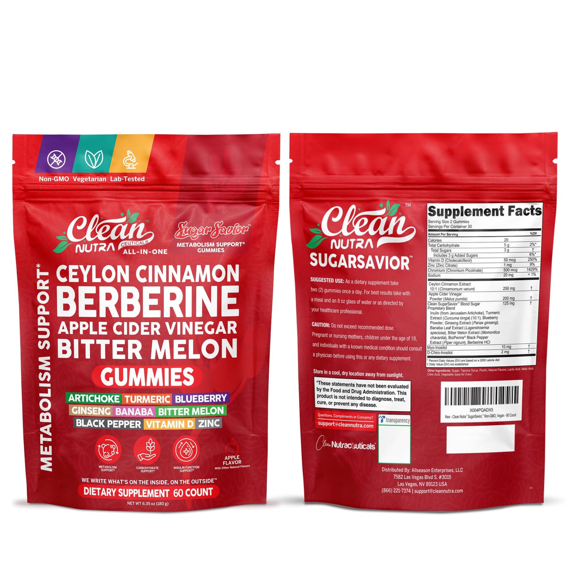 Sugar Savior Ceylon Cinnamon Berberine Gummies Apple Cider Vinegar Artichoke Turmeric Blueberry Ginseng Banaba Bitter Melon Black Pepper Vitamin D Zinc GLP1 Gummies 60 Count by Clean Nutra Clean NutraceuticalsAu supplements