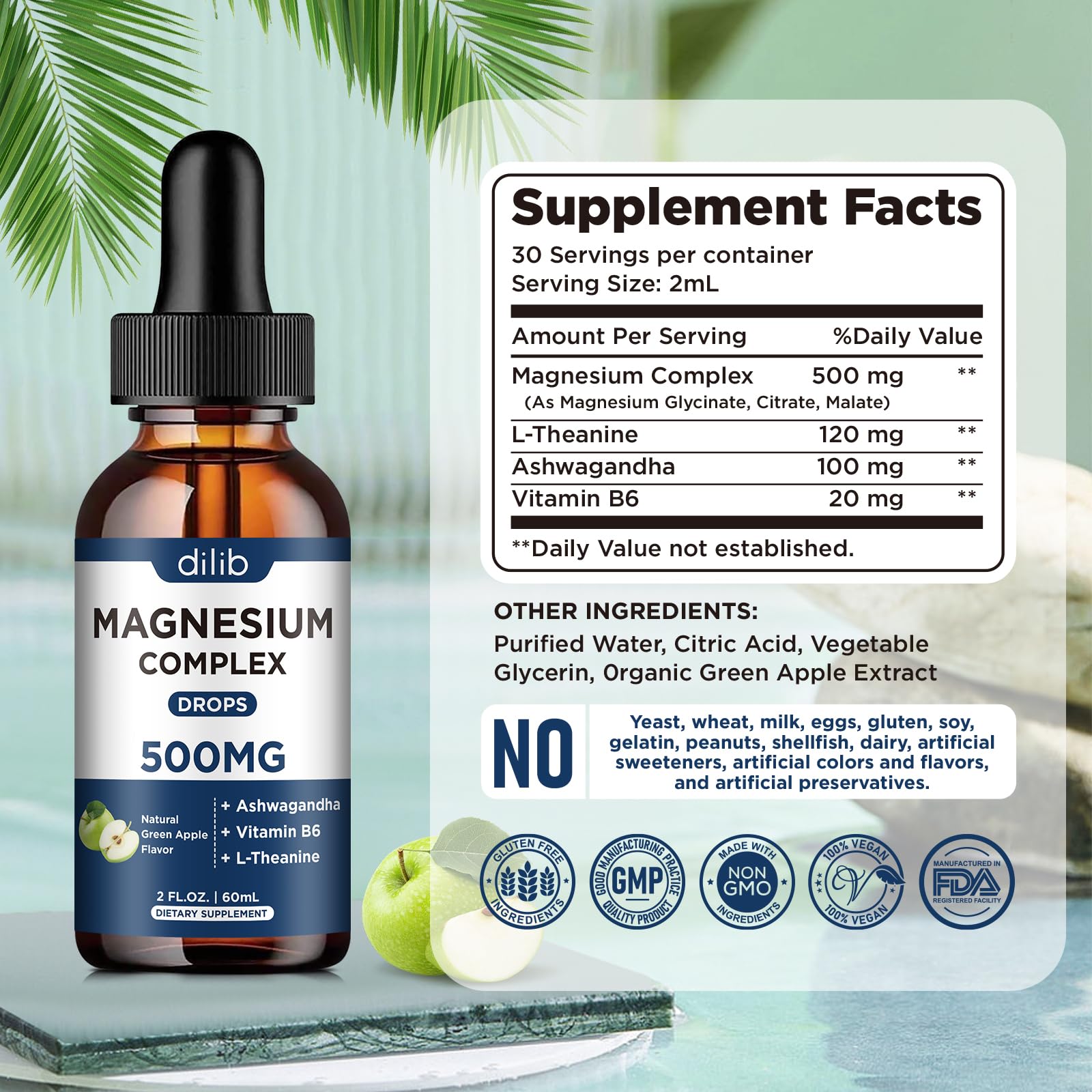 Triple Magnesium Complex Supplement-Magnesium Glycinate, Citrate, Malate Liquid Drops 500mg with Ashwagandha, L-Theanine, B6 for Calm, Stress Relief, Sleep, Muscle Support-Green Apple Flavor dilibAu supplements