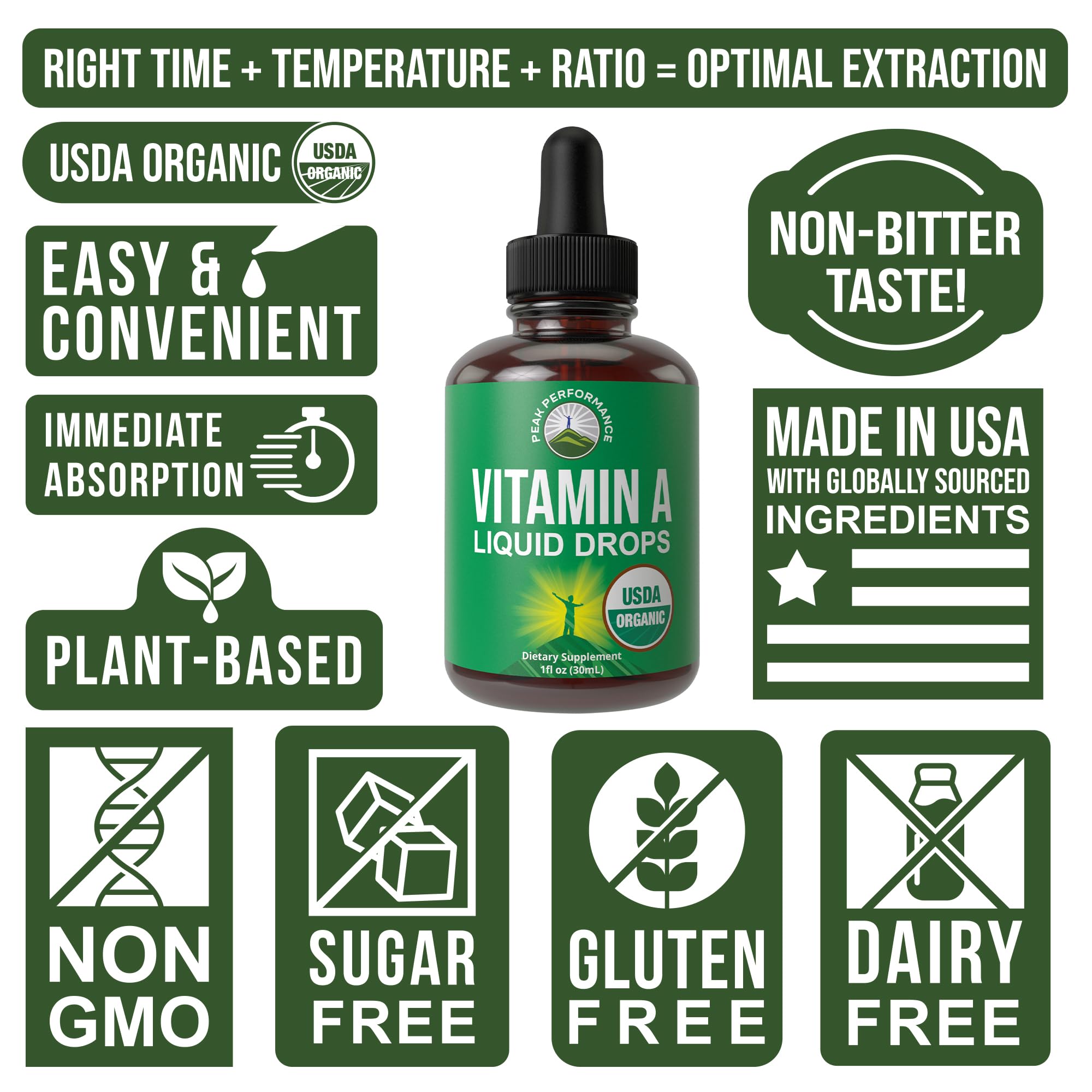 USDA Organic Vitamin A Liquid Drops Supplement. Vegan High Bioavailability for Eye, Skin + Bone Health. for Adults, Men, Women, Kids. Vit A Oil Retinyl Palmitate. Gluten Free, Zero Sugar. 100 Servings Peak PerformanceAu supplements